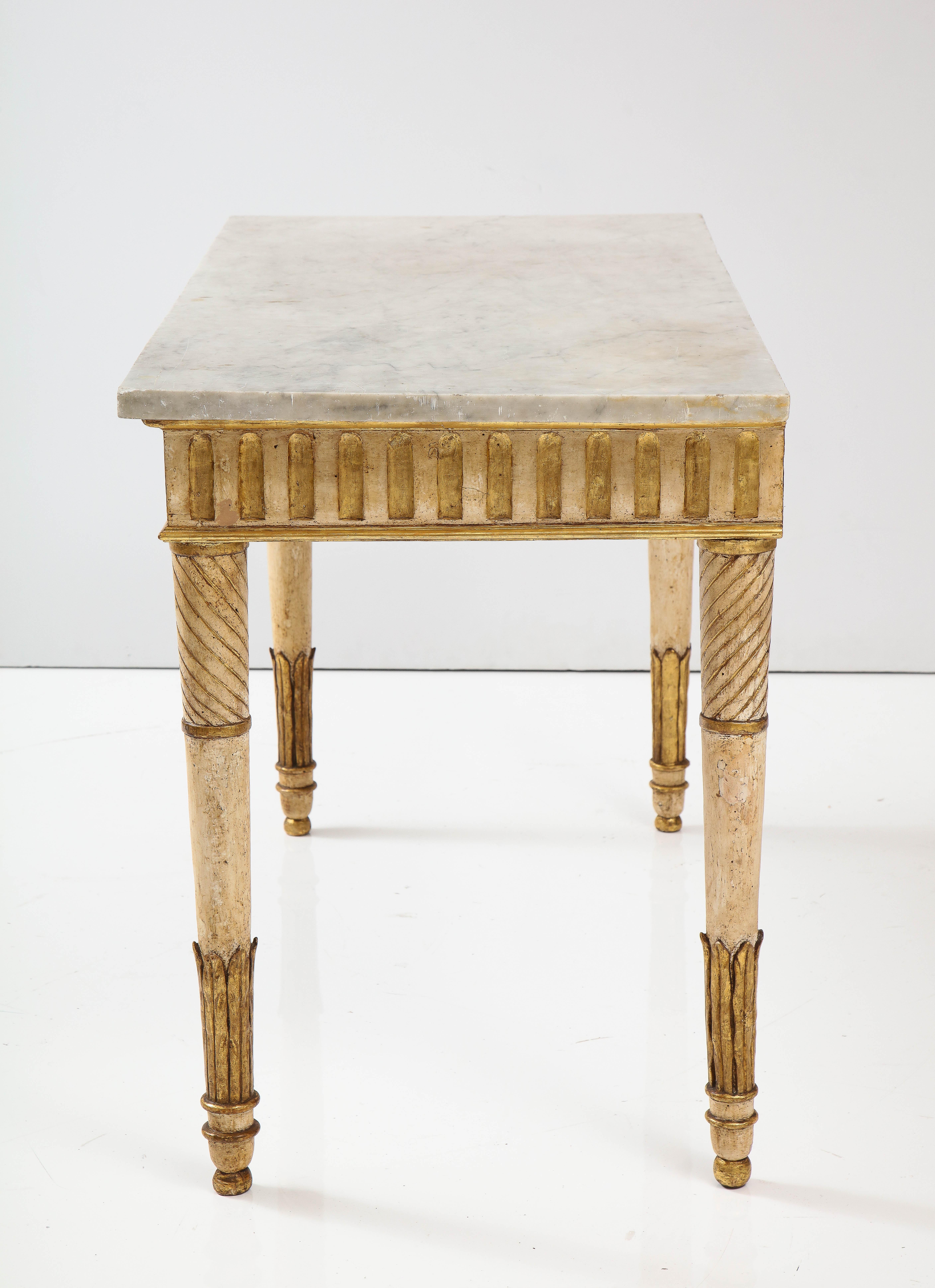 Neoclassical Italian Painted and Gilded Console Table with Carrera Marble Top 7