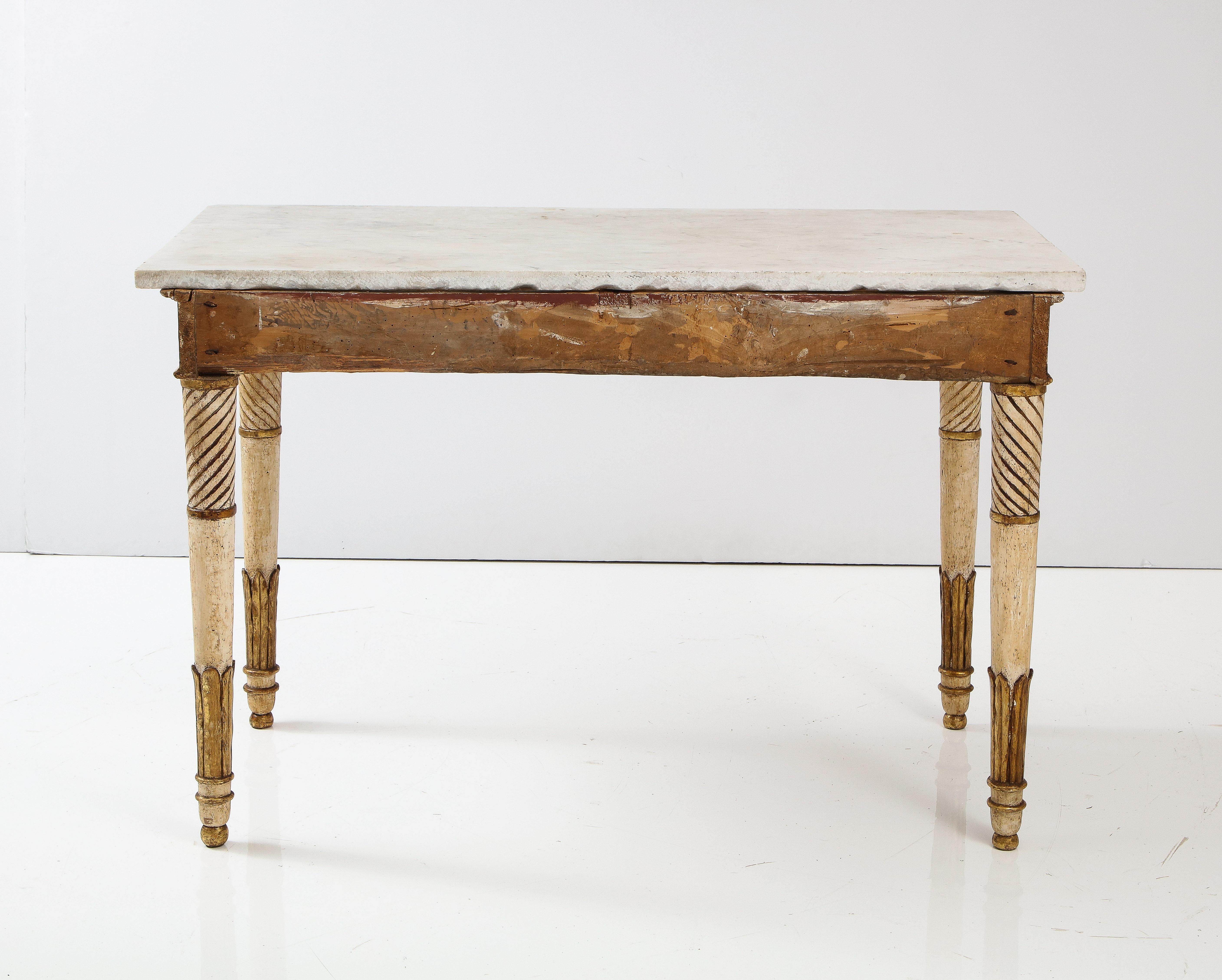 Neoclassical Italian Painted and Gilded Console Table with Carrera Marble Top 8