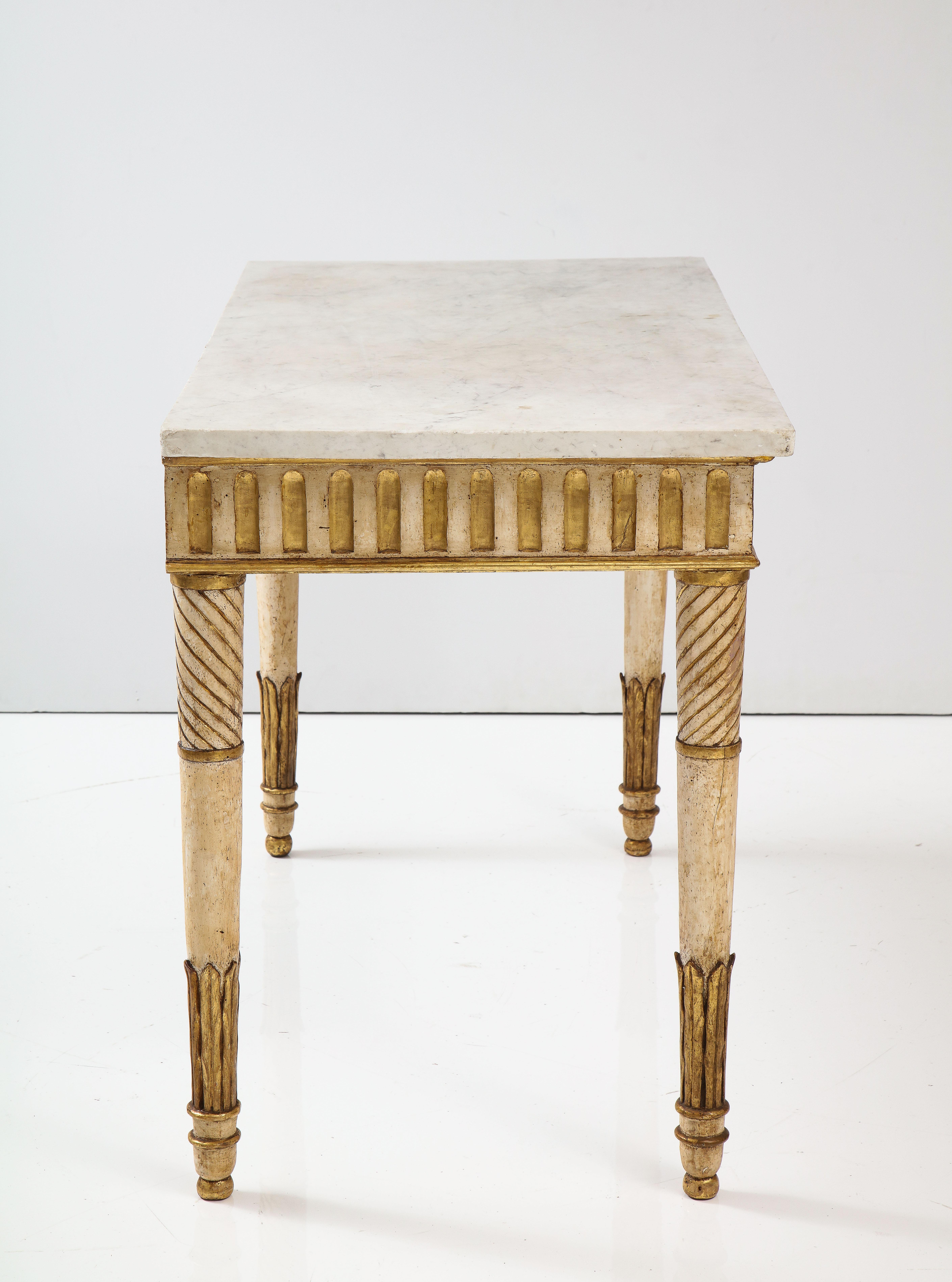 Neoclassical Italian Painted and Gilded Console Table with Carrera Marble Top 9