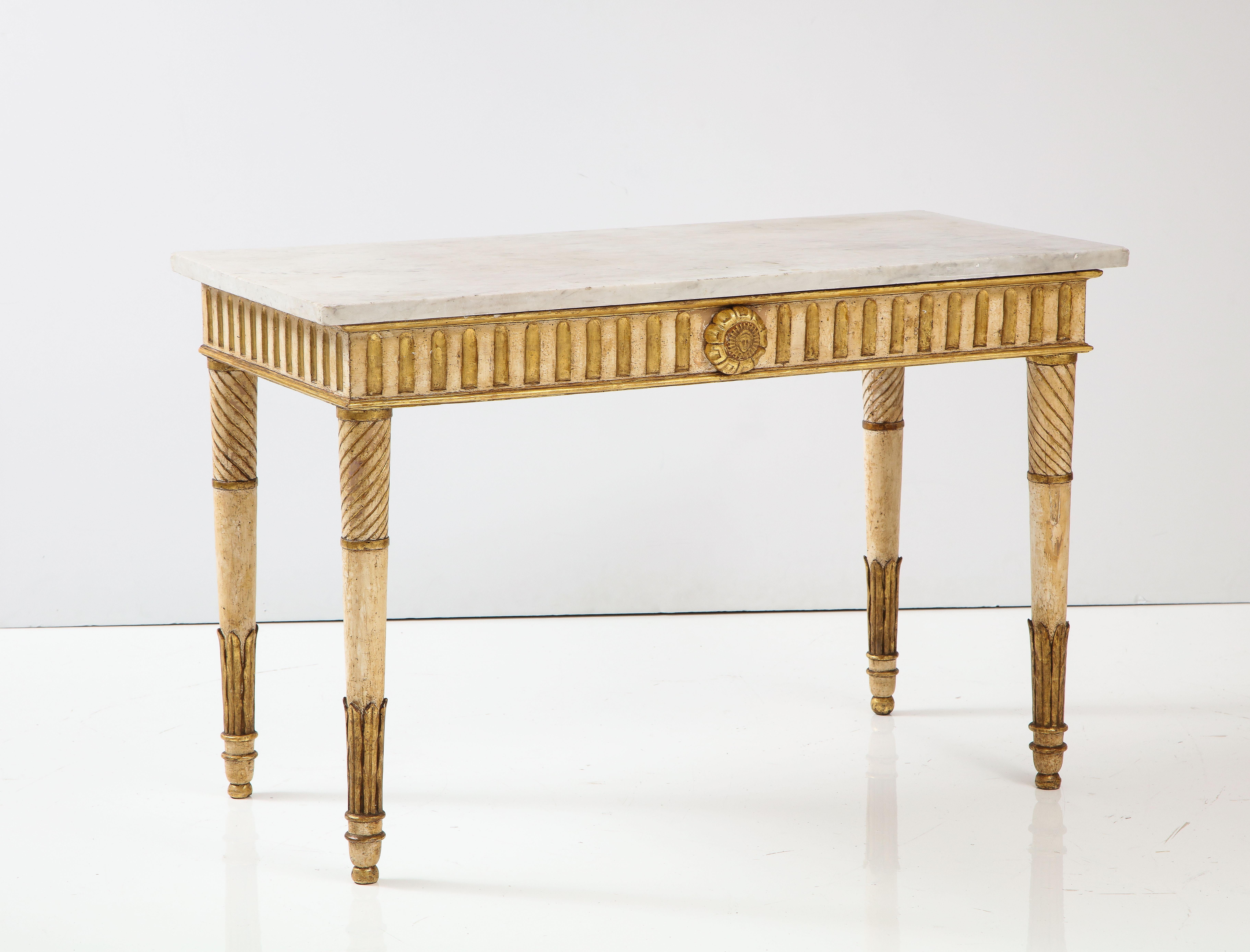 Neoclassical Italian Painted and Gilded Console Table with Carrera Marble Top 10