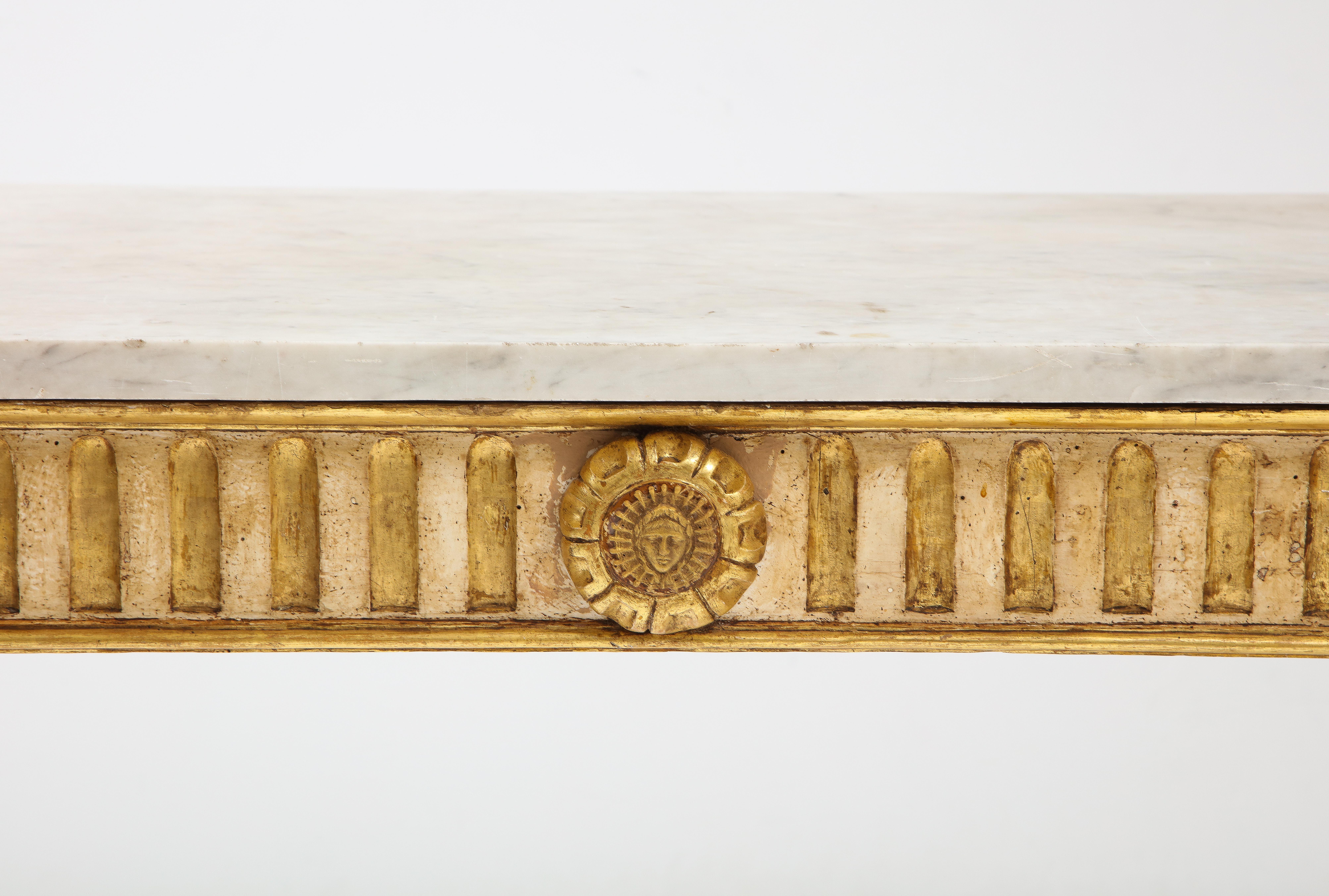 Late 18th Century Neoclassical Italian Painted and Gilded Console Table with Carrera Marble Top