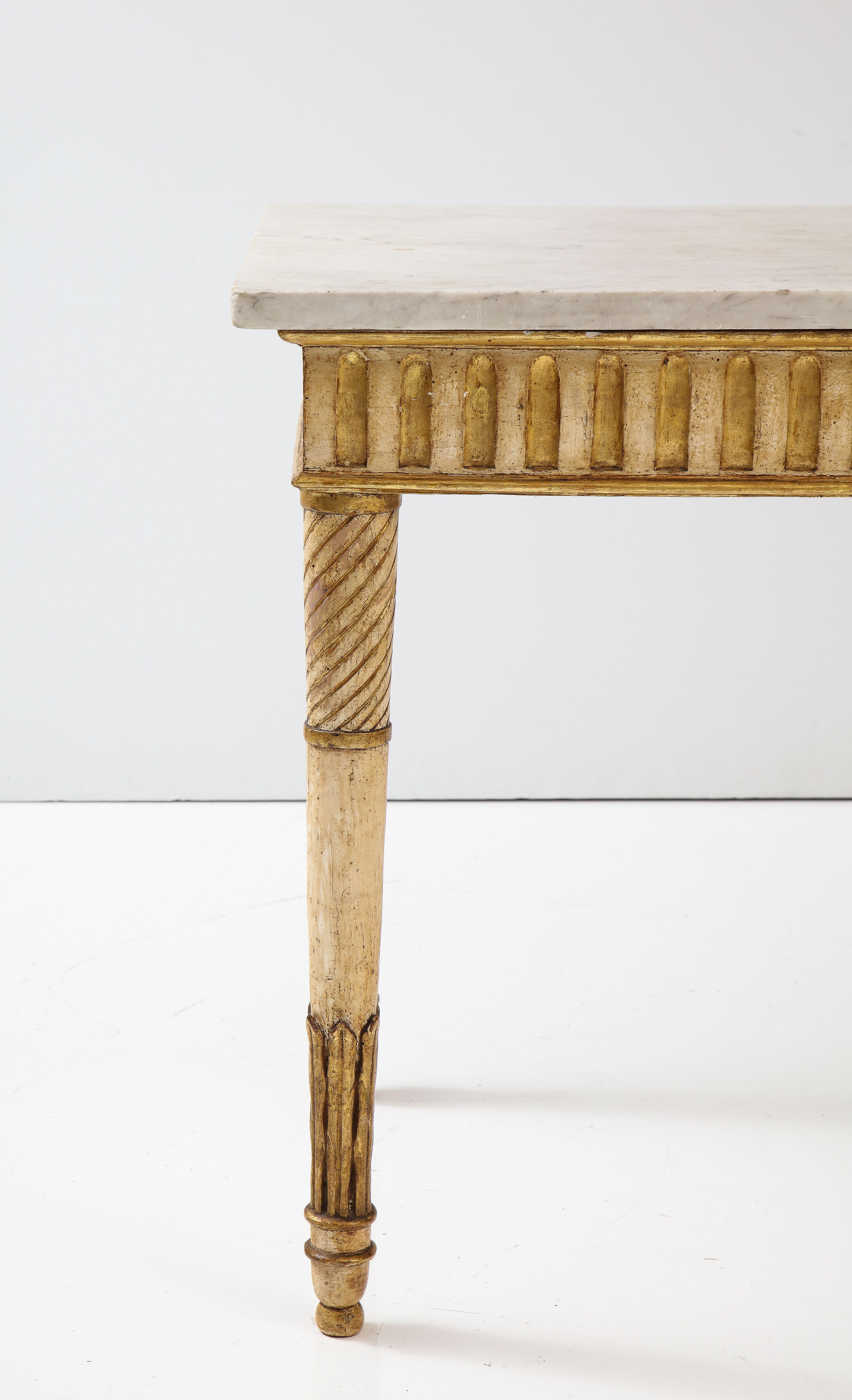 Carrara Marble Neoclassical Italian Painted and Gilded Console Table with Carrera Marble Top