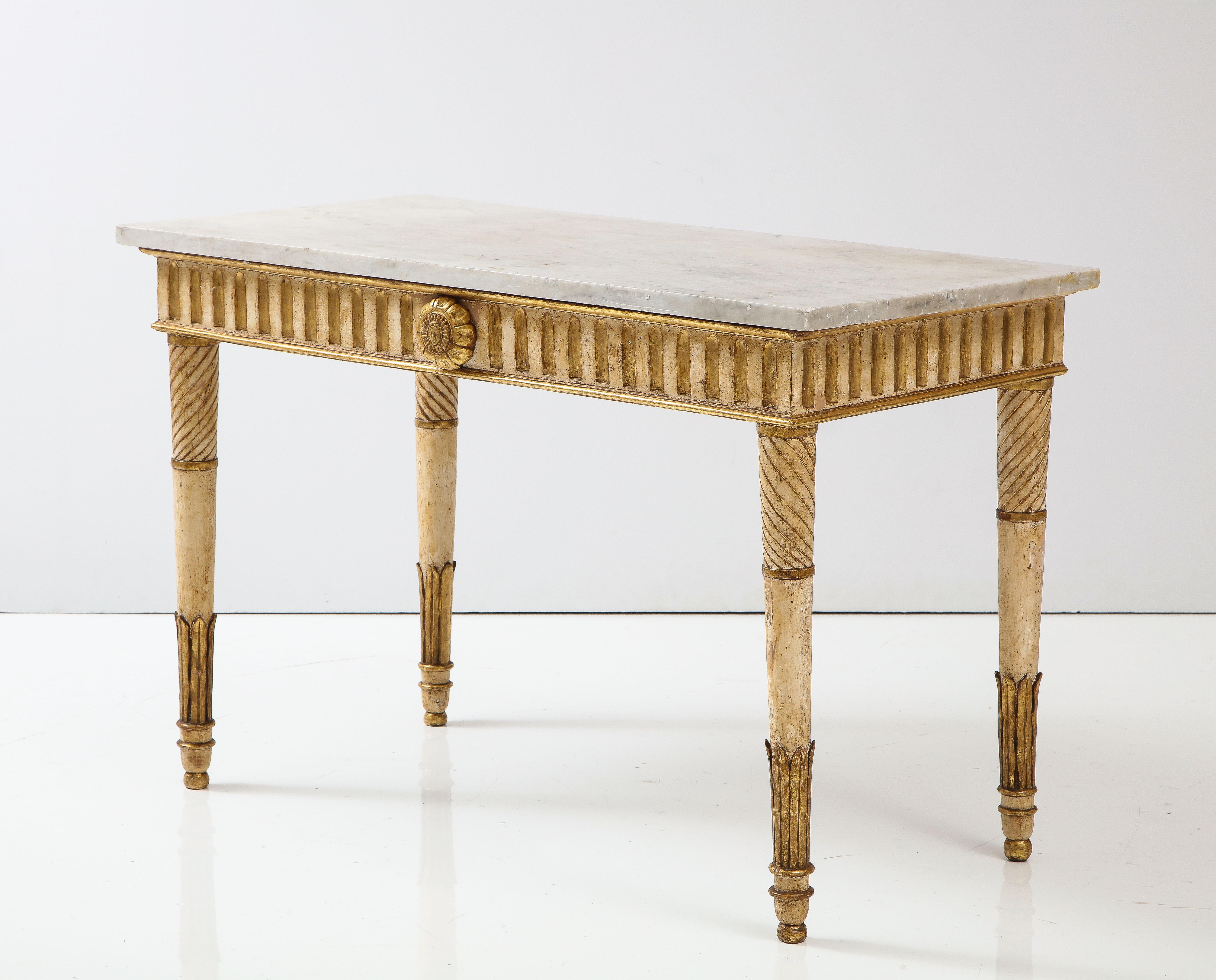Neoclassical Italian Painted and Gilded Console Table with Carrera Marble Top 4
