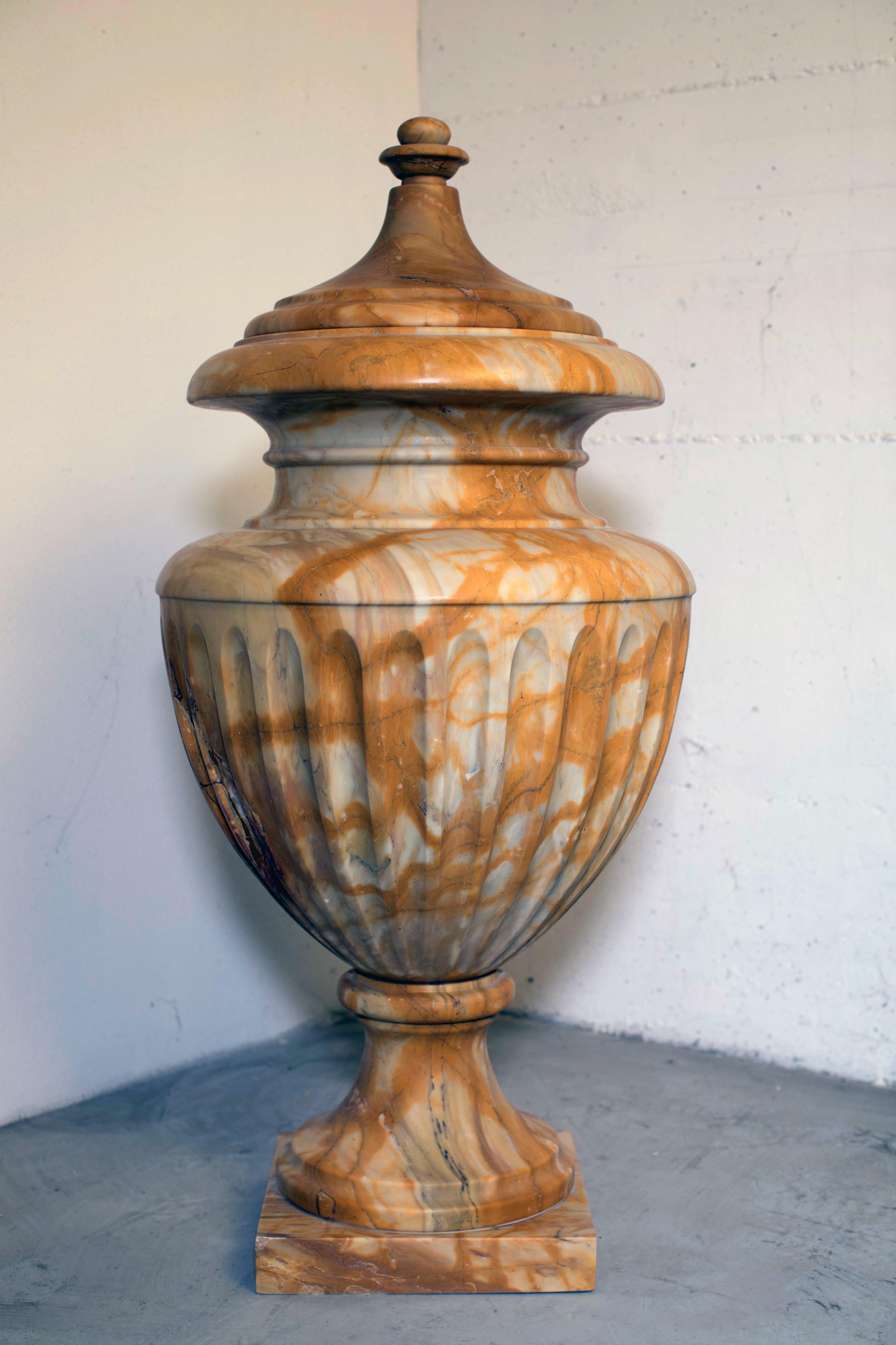 Carved Neoclassical Italian Siena Yellow Marble Decorative Vase Ready in Stock For Sale