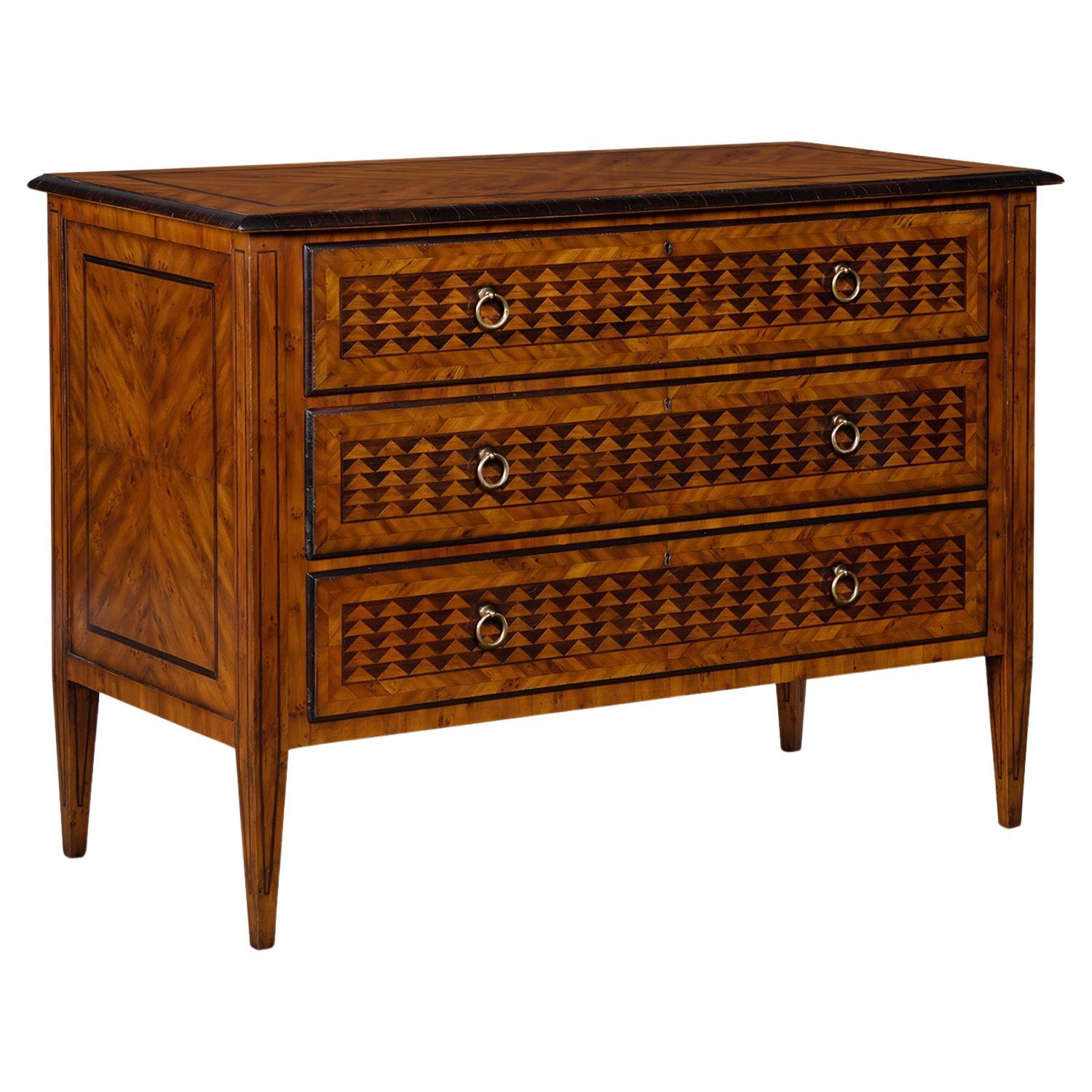 Neoclassical Italian Style Laon Chest with Marquetry in Contrasting Wood Tones For Sale