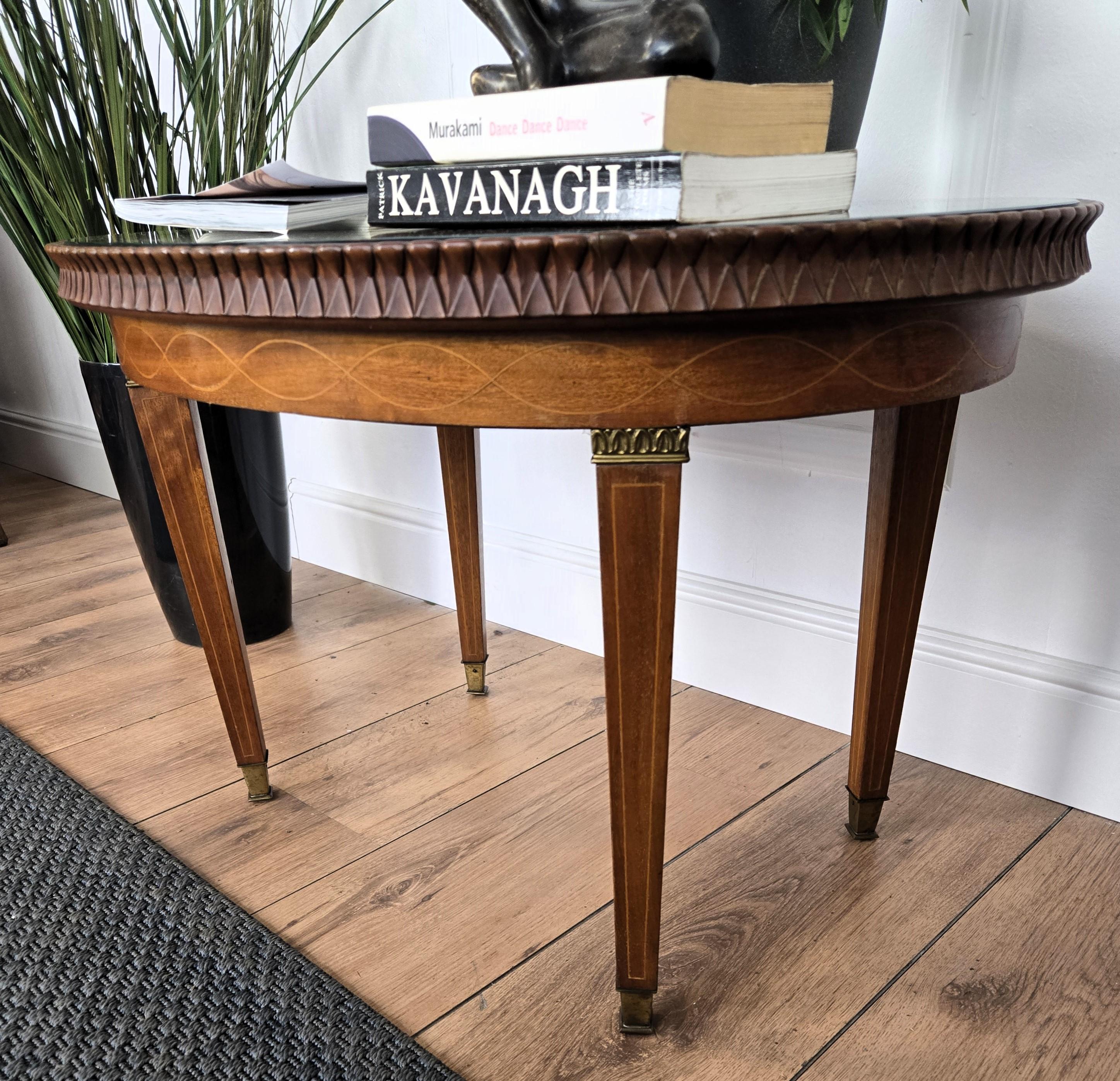 20th Century Neoclassical Italian Walnut Burl Wood Inlay Glass Top Coffee Sofa or Side Table For Sale