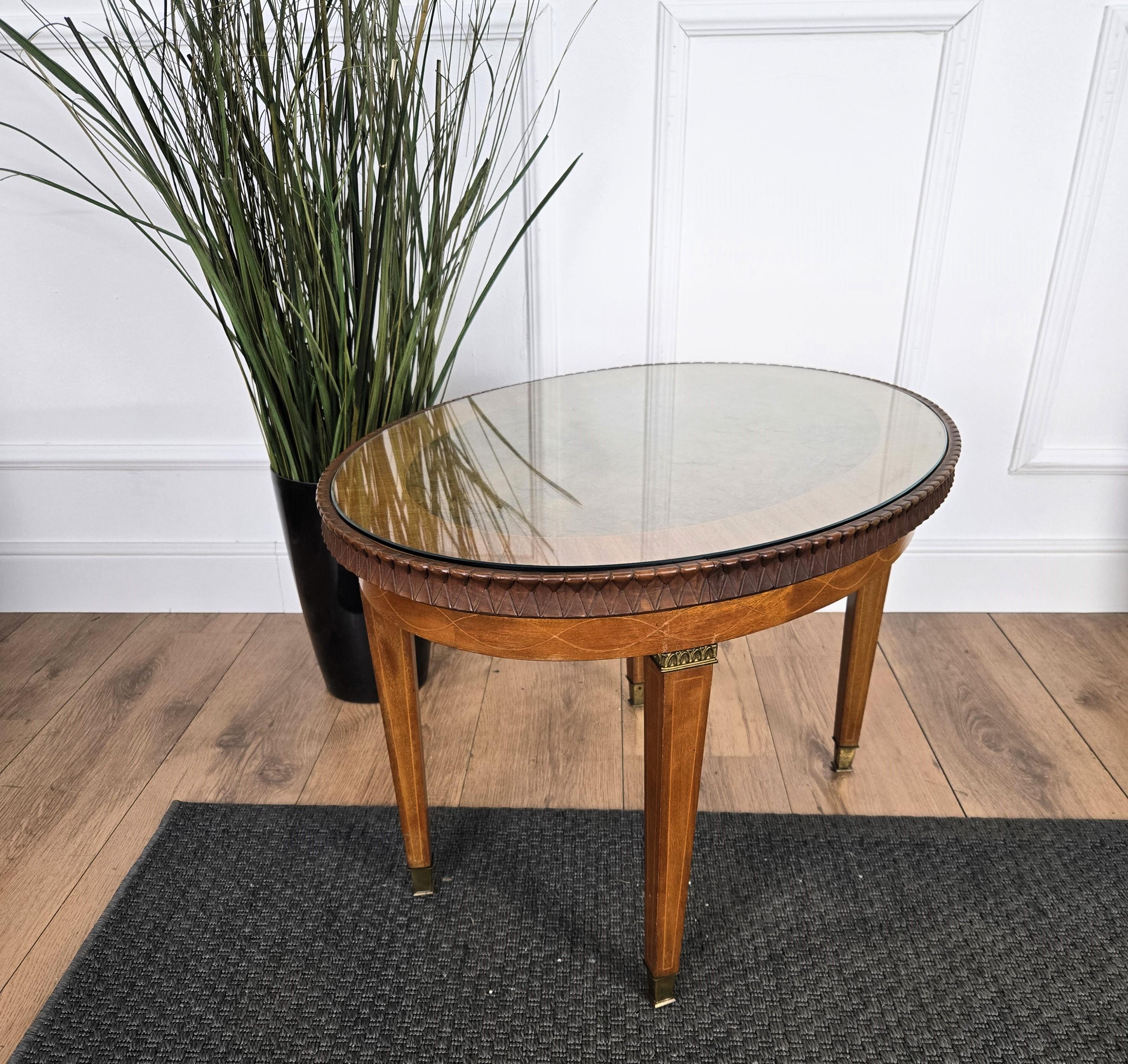 Neoclassical Italian Walnut Burl Wood Inlay Glass Top Coffee Sofa or Side Table For Sale 1