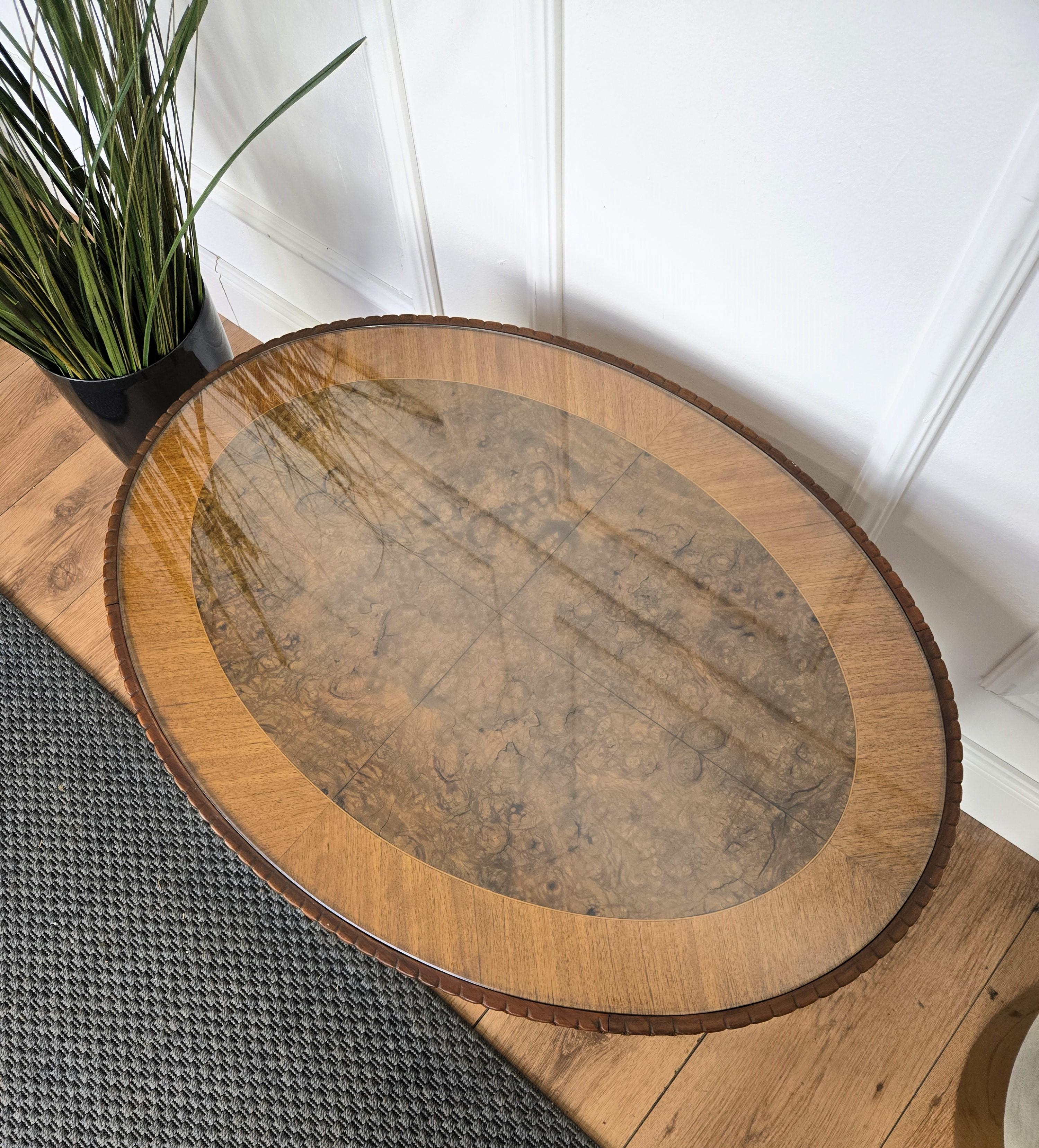 Neoclassical Italian Walnut Burl Wood Inlay Glass Top Coffee Sofa or Side Table For Sale 2