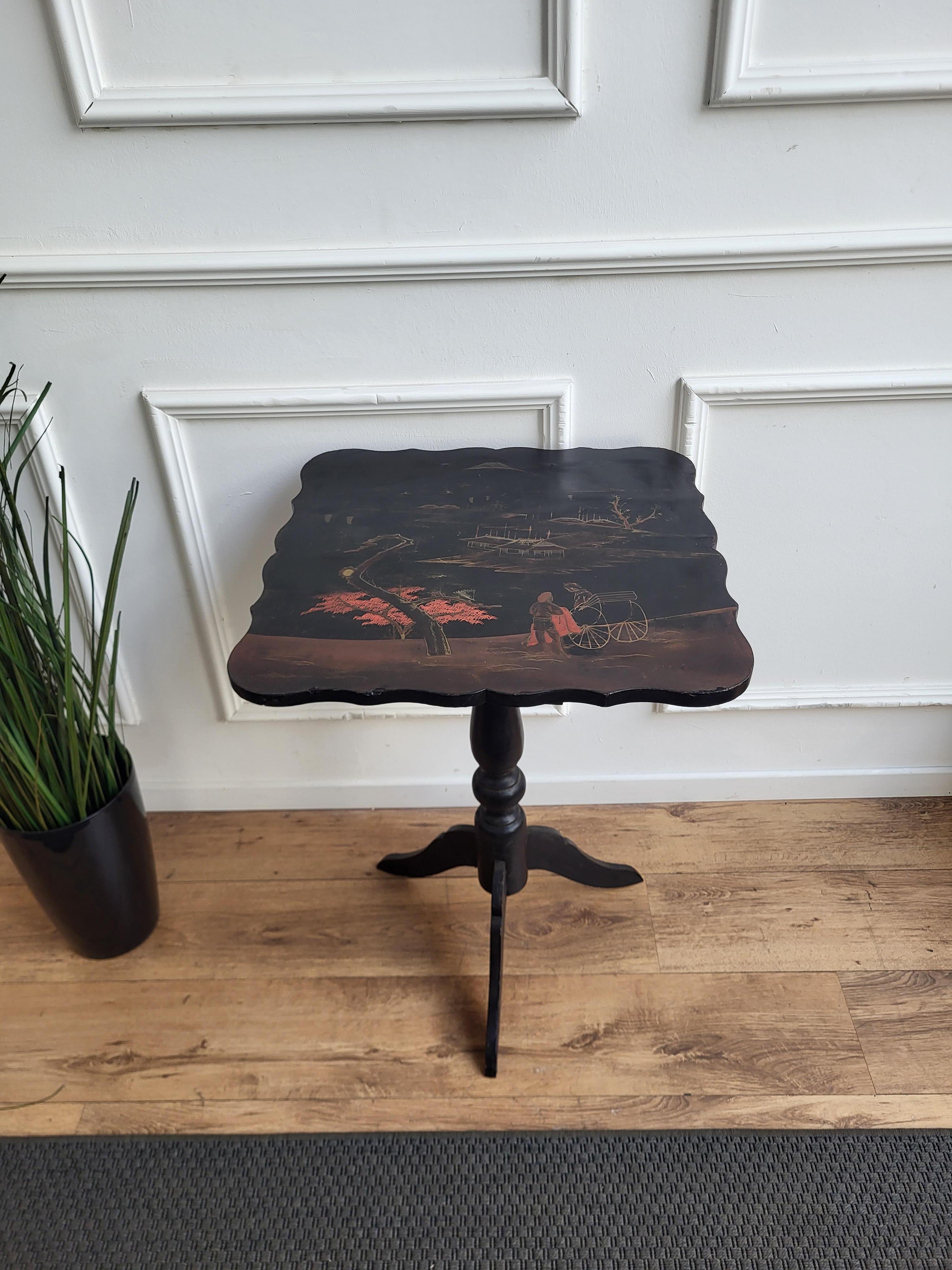 Wood Neoclassical Italian Walnut Chinoiserie Tripod Sofa Table or Side Table For Sale