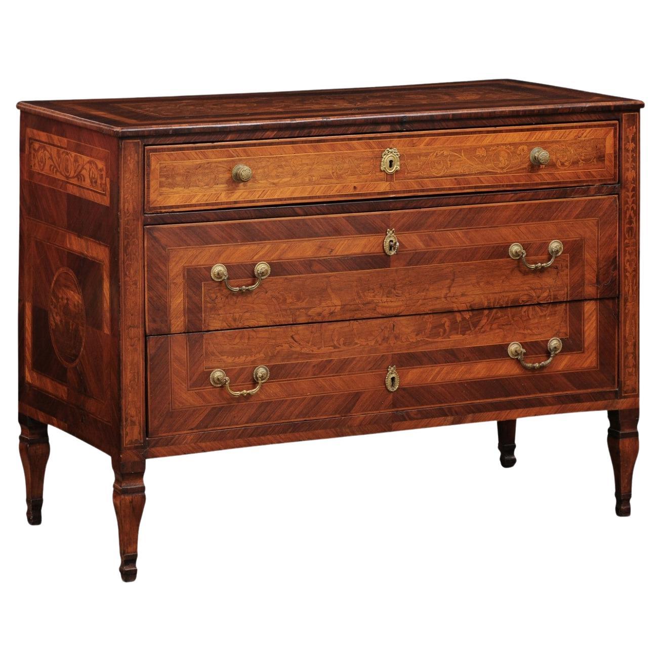 Neoclassical Italian Walnut Commode with Marquetry Inlay & 3 Drawers, ca. 1800 For Sale