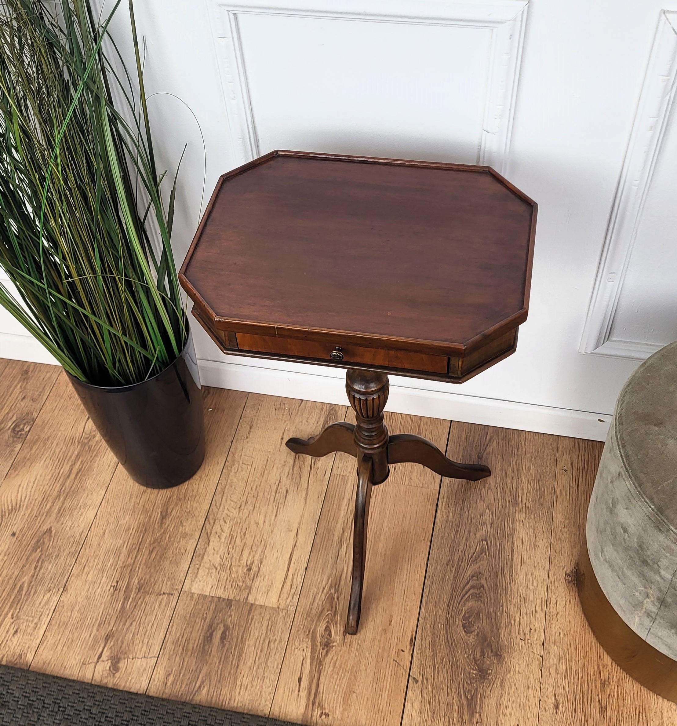 Mid-Century Modern Neoclassical Italian Walnut Inlay Octagonal Tripod Side Table For Sale