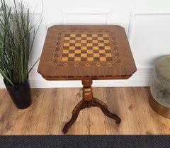 Neoclassical Italian Walnut Inlay Tripod Chess Games or Side Table