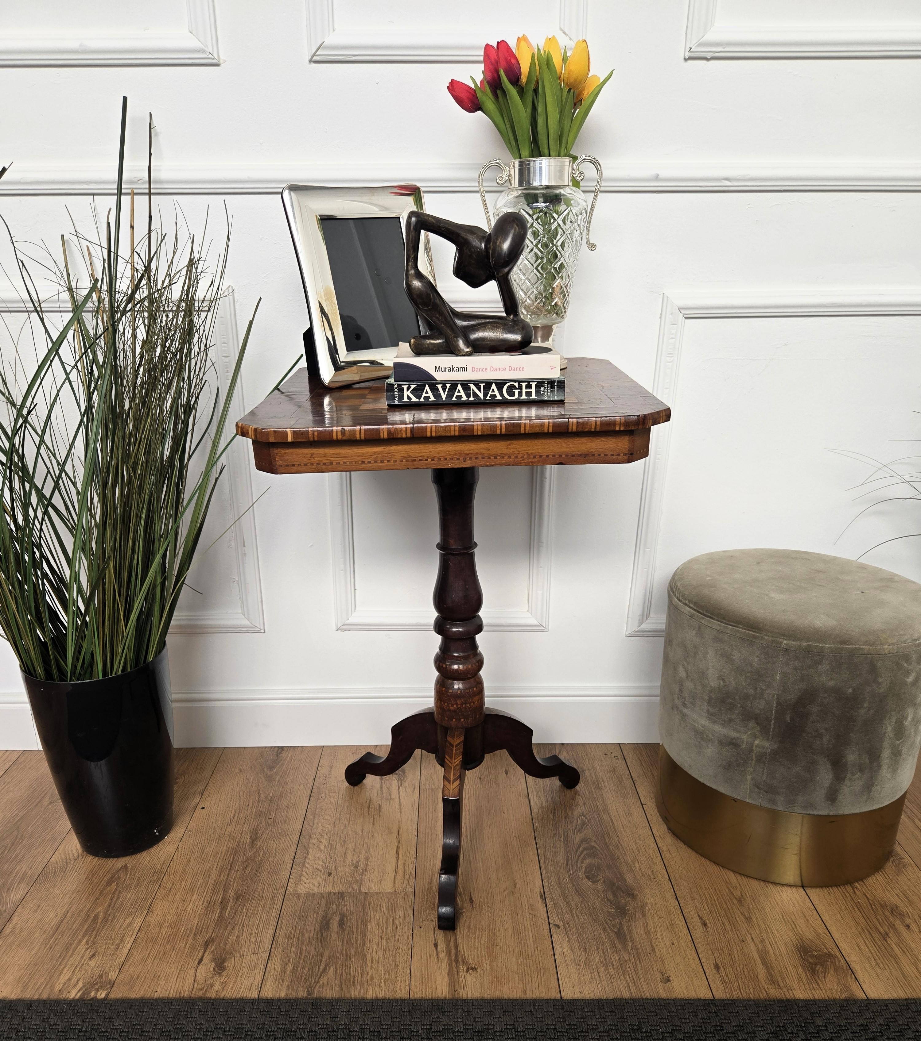 Mid-Century Modern Neoclassical Italian Walnut Inlay Tripod Chess Games or Side Table For Sale
