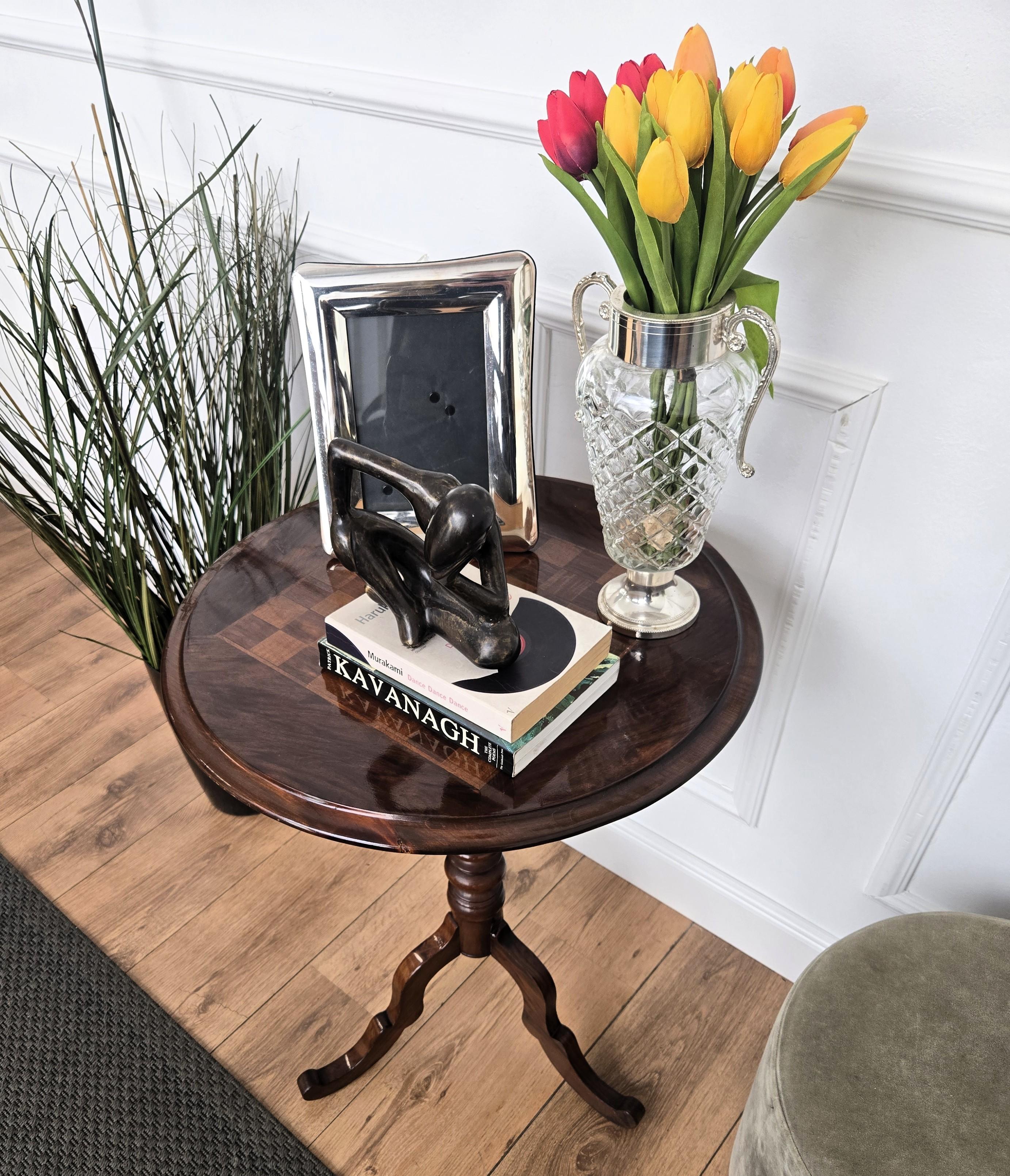 Mid-Century Modern Neoclassical Italian Walnut Inlay Tripod Chess Games or Side Table For Sale