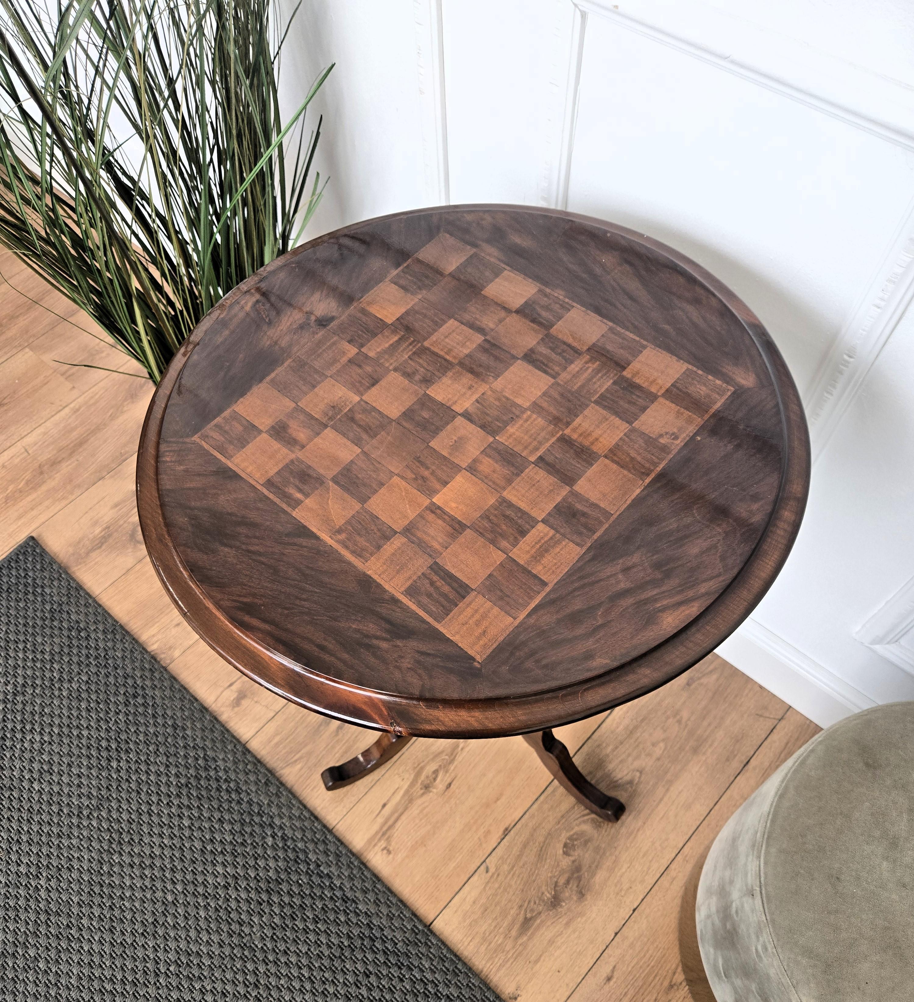 Wood Neoclassical Italian Walnut Inlay Tripod Chess Games or Side Table For Sale