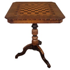 Neoclassical Italian Walnut Inlay Tripod Chess Games or Side Table
