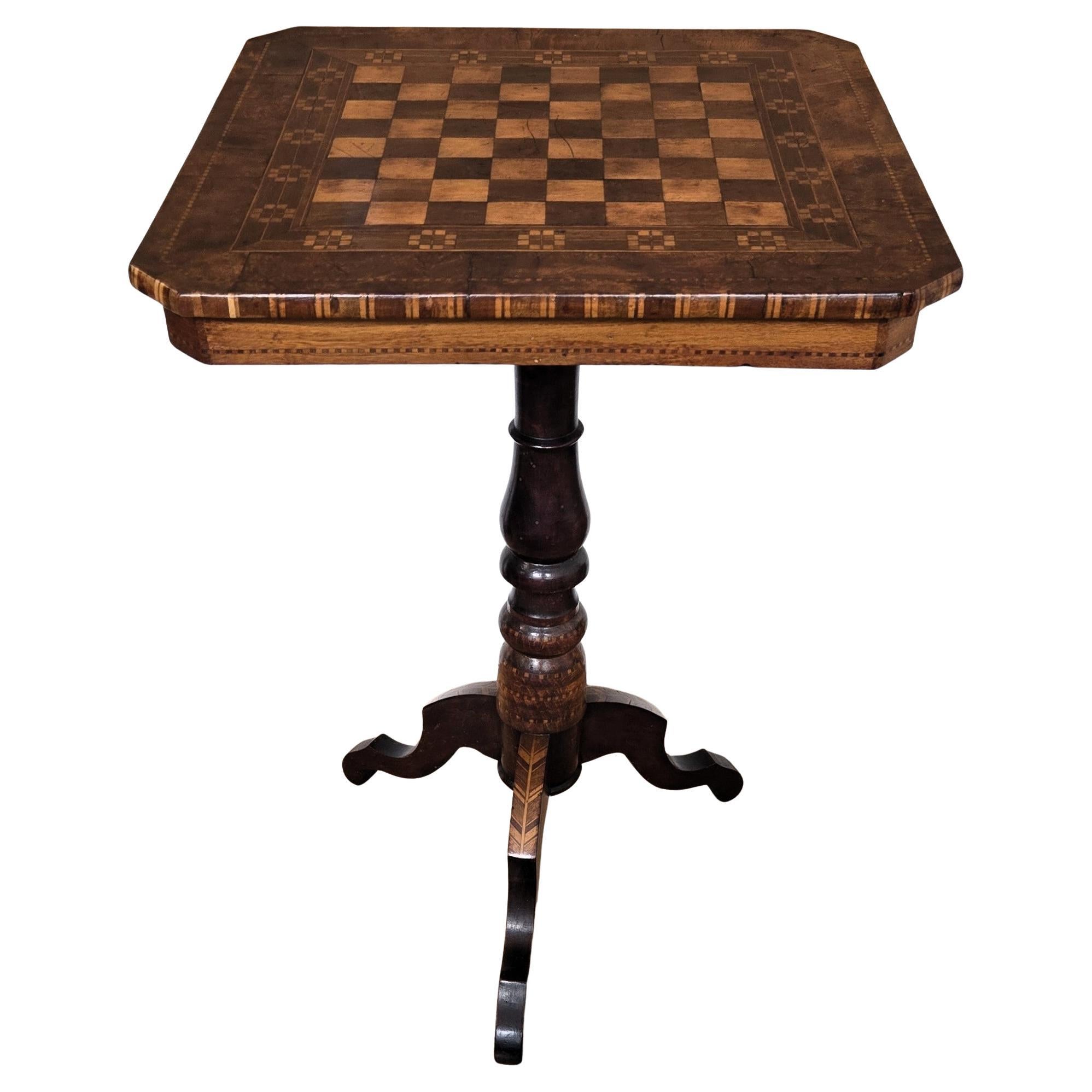 Neoclassical Italian Walnut Inlay Tripod Chess Games or Side Table For Sale