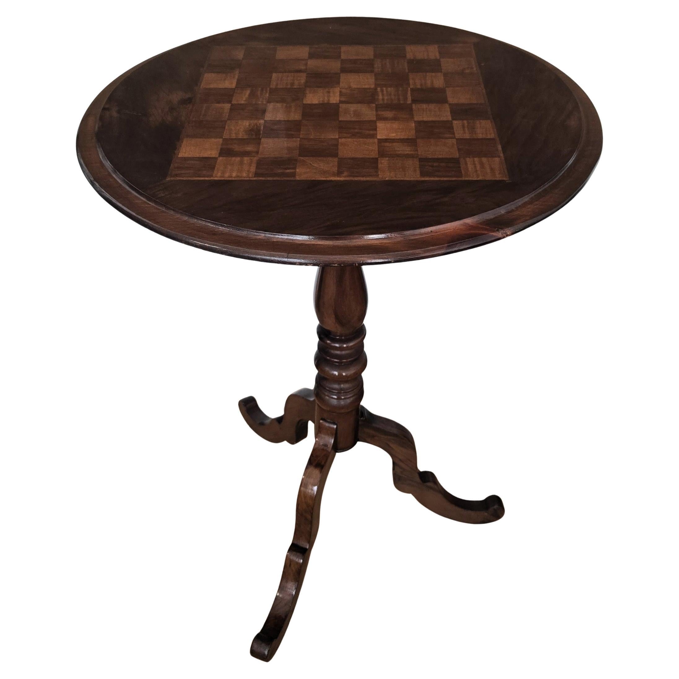 Neoclassical Italian Walnut Inlay Tripod Chess Games or Side Table For Sale