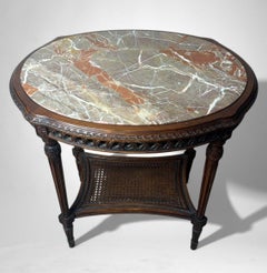 Neoclassical Italian Walnut Side Table With Marble Top And Vienna Straw Shelf
