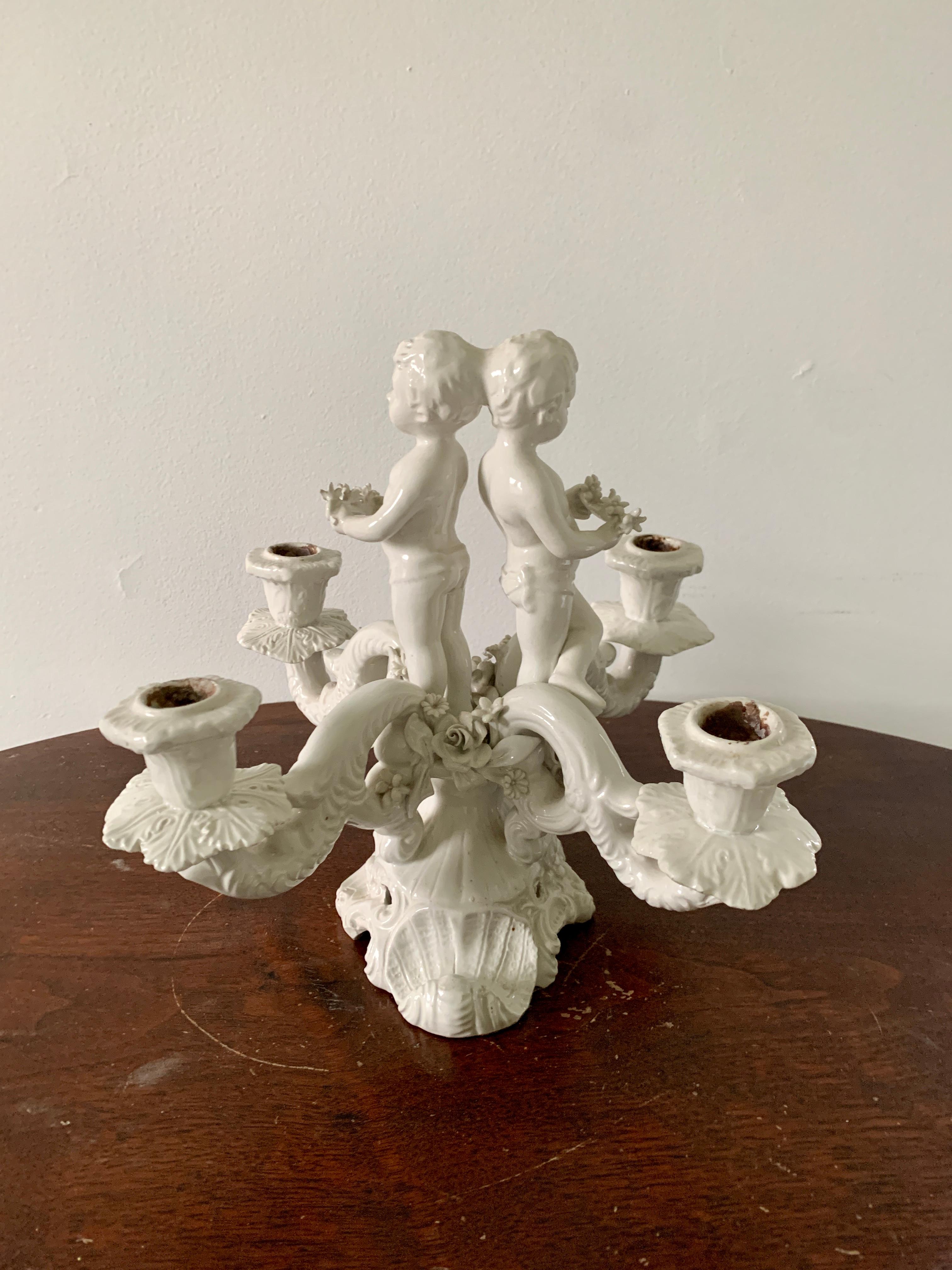 Neoclassical Italian White Porcelain Four-Arm Candelabra with Putti For Sale 6