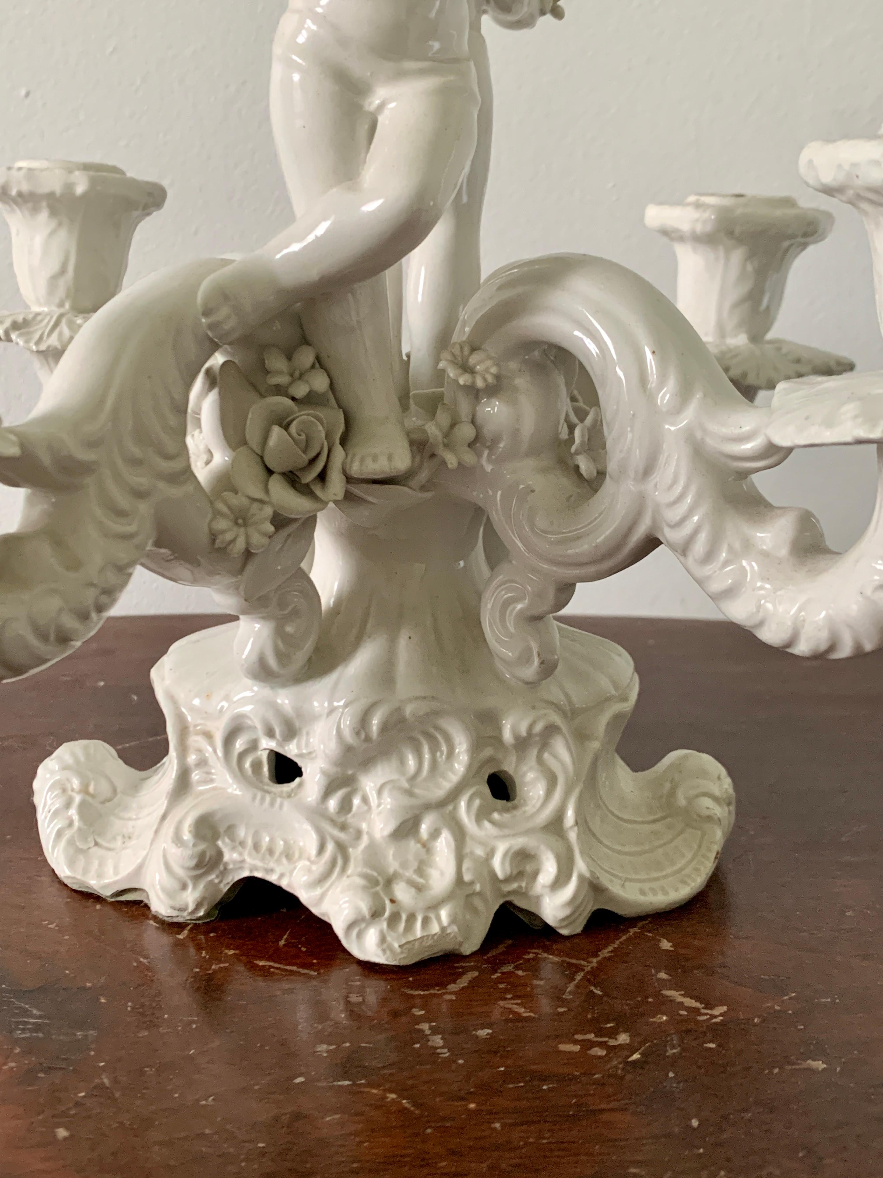 20th Century Neoclassical Italian White Porcelain Four-Arm Candelabra with Putti For Sale