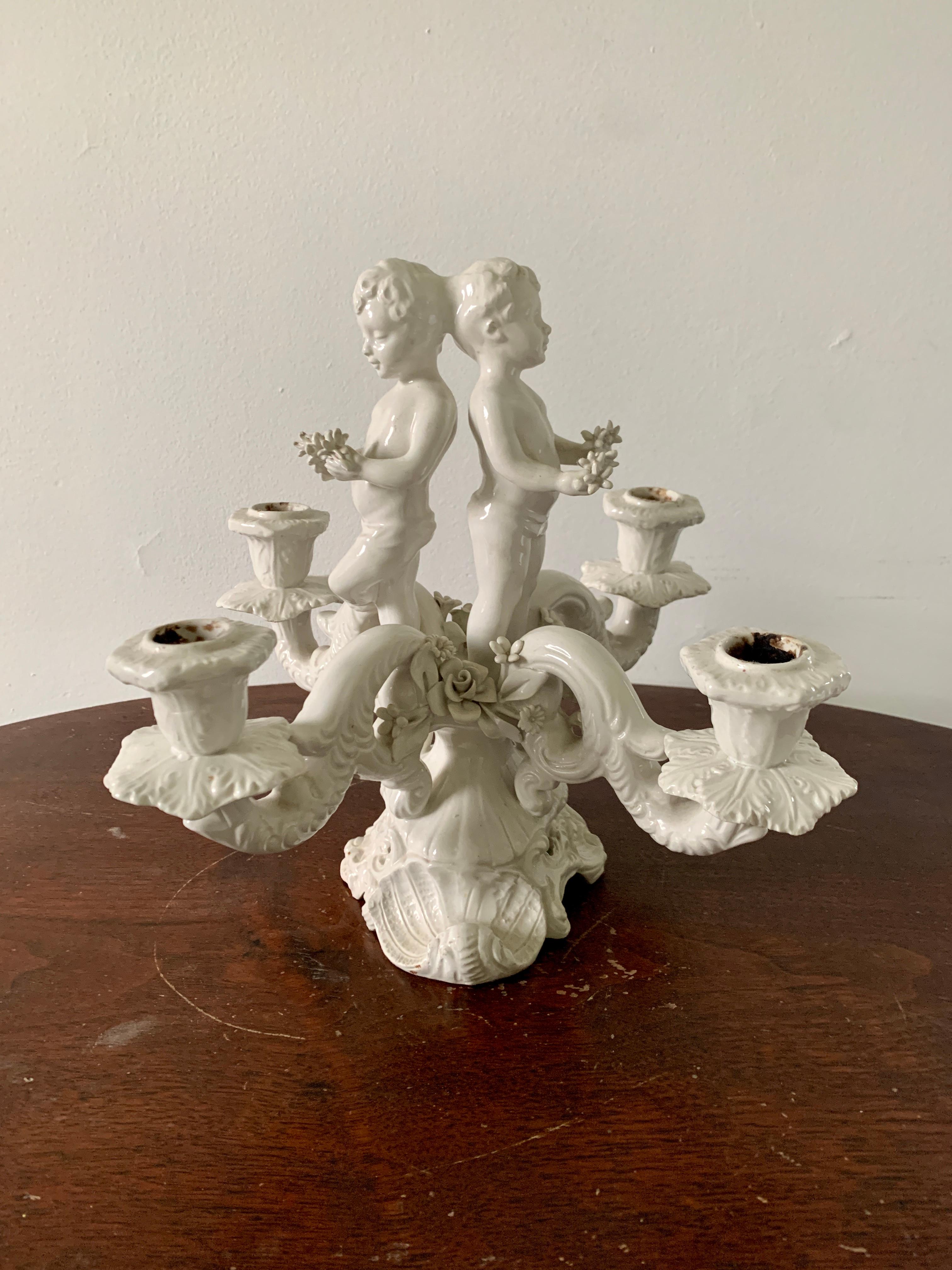 Neoclassical Italian White Porcelain Four-Arm Candelabra with Putti For Sale 2