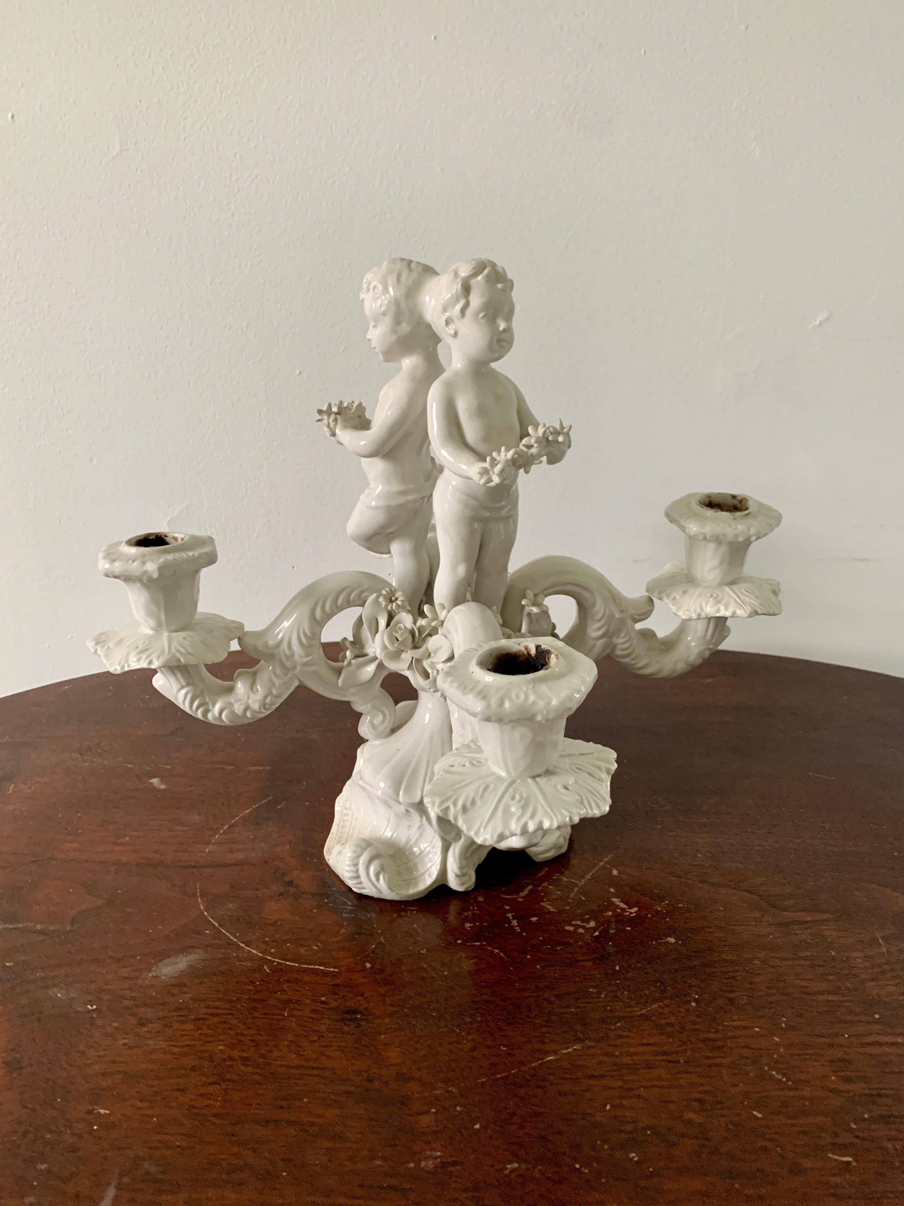 Neoclassical Italian White Porcelain Four-Arm Candelabra with Putti For Sale 3