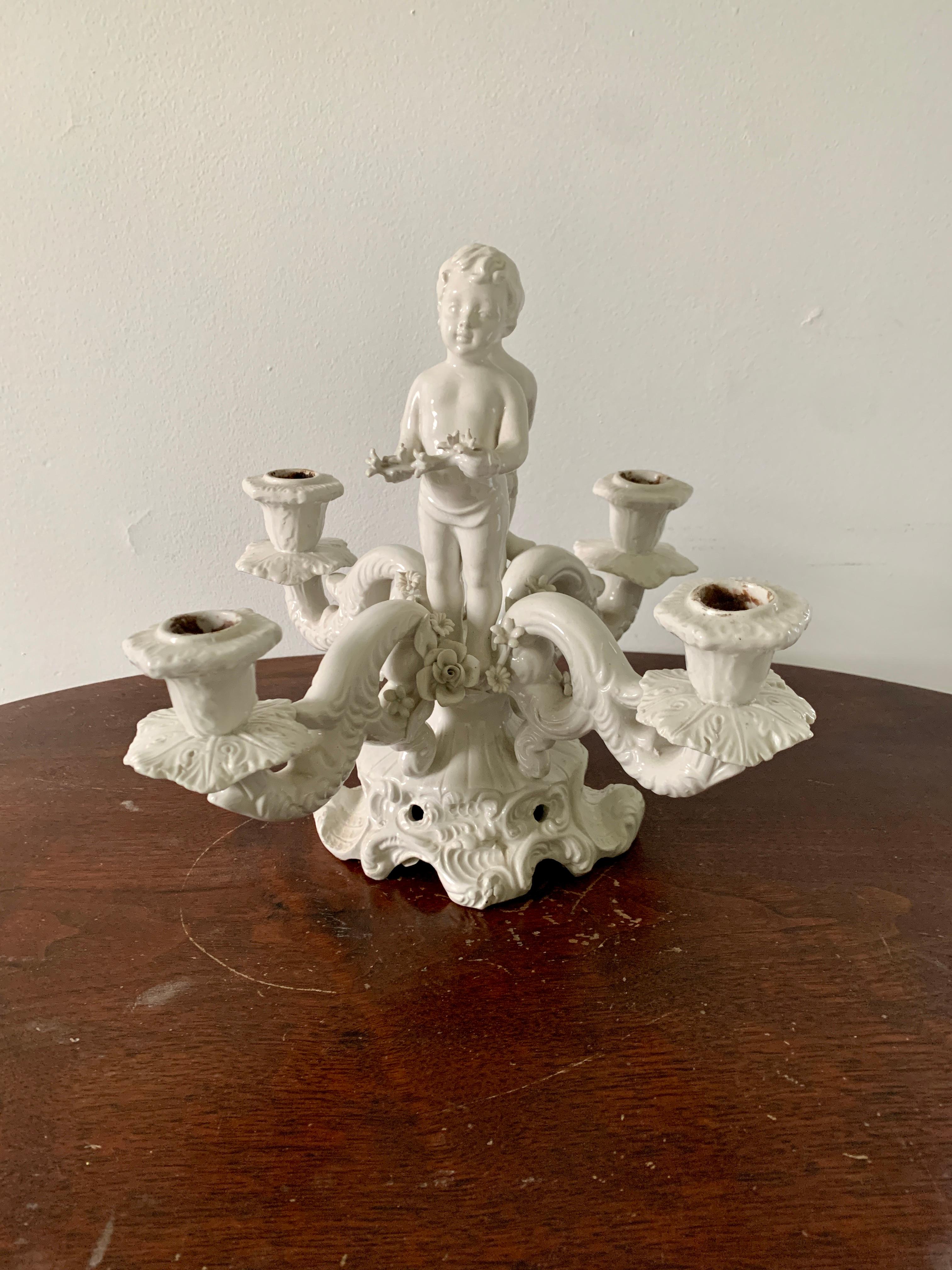 Neoclassical Italian White Porcelain Four-Arm Candelabra with Putti For Sale 4