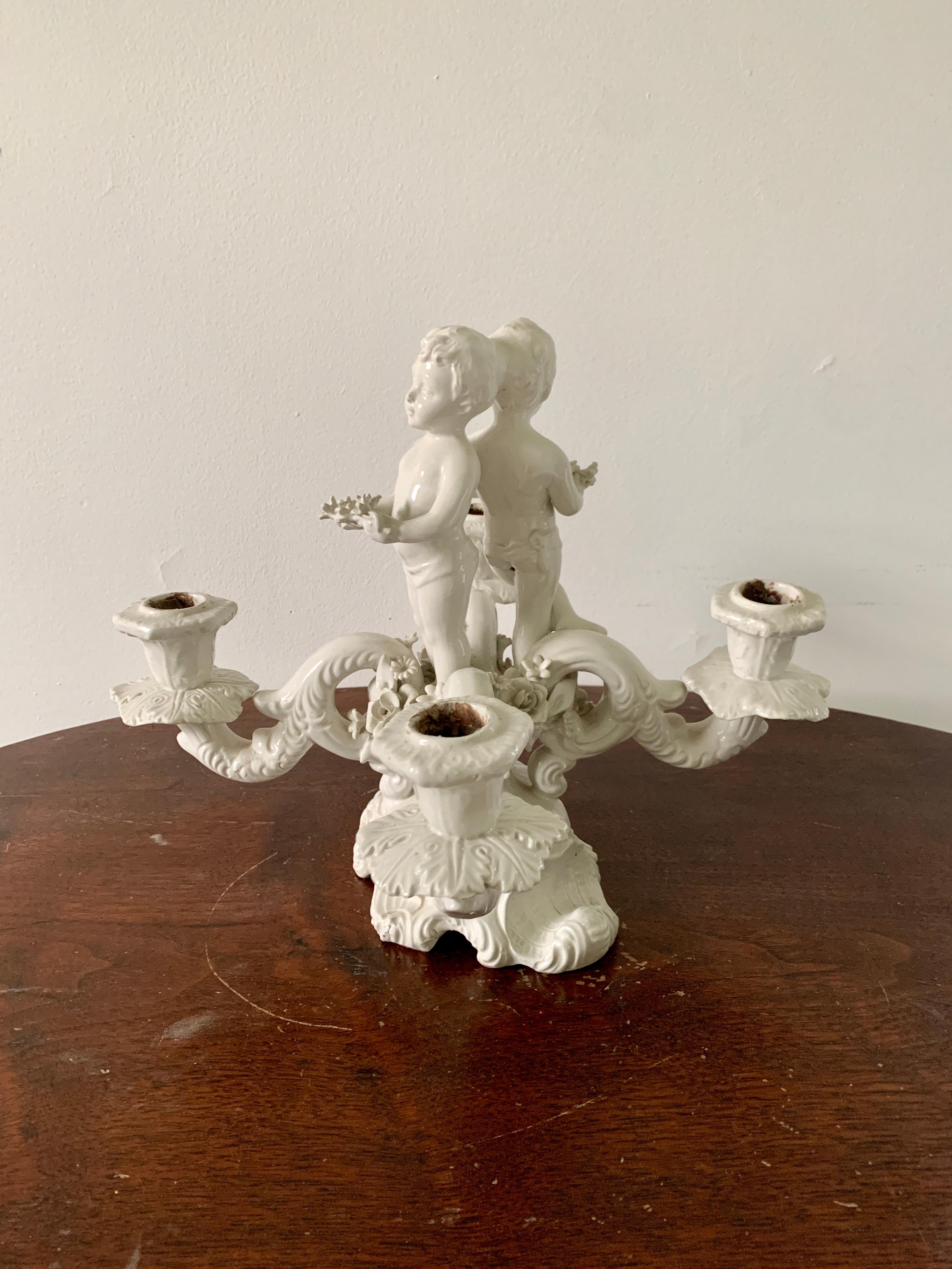 Neoclassical Italian White Porcelain Four-Arm Candelabra with Putti For Sale 5