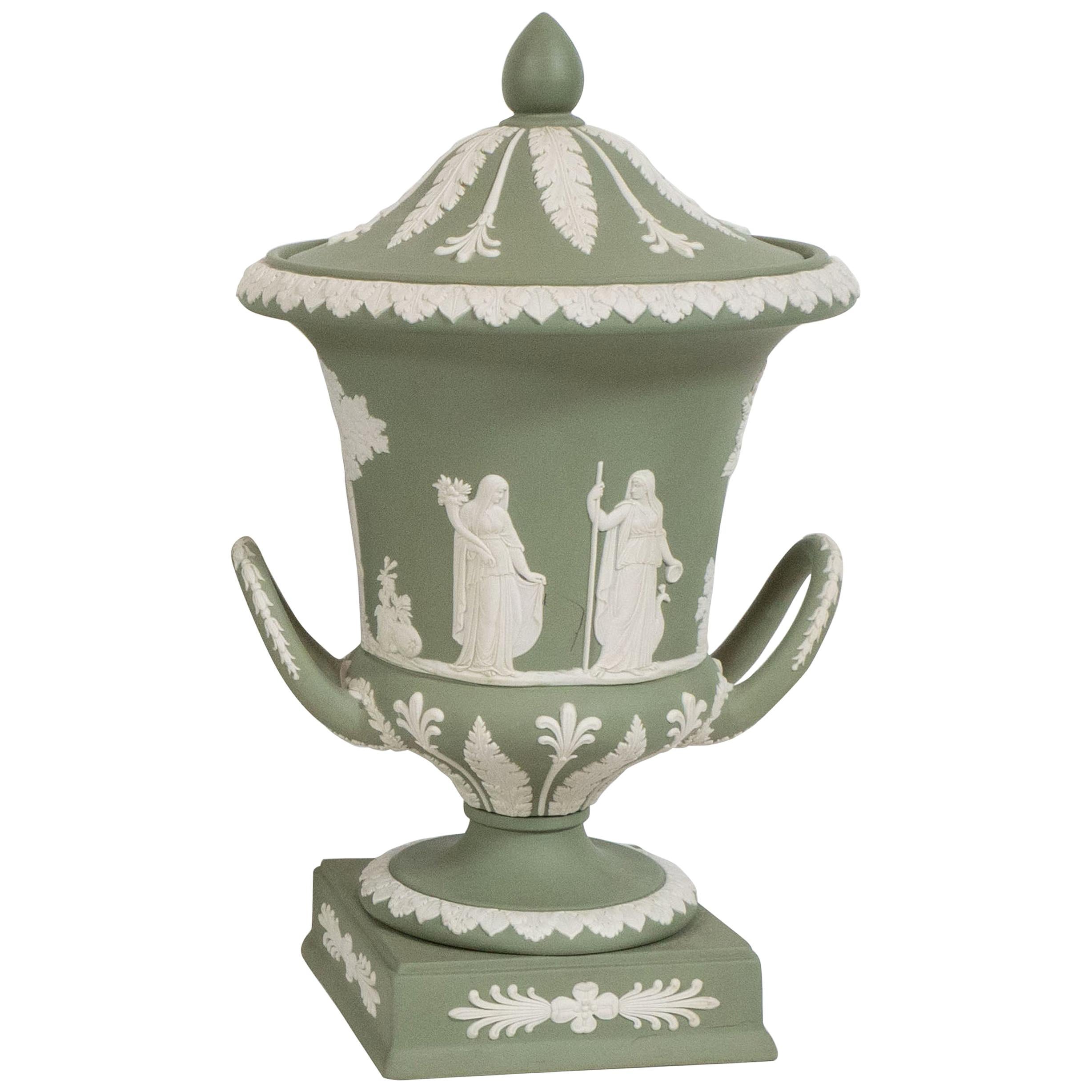 Neoclassical Jasperware Ceramic Covered Urn in Olive and White by Wedgwood