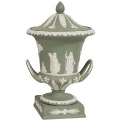 Vintage Neoclassical Jasperware Ceramic Covered Urn in Olive and White by Wedgwood