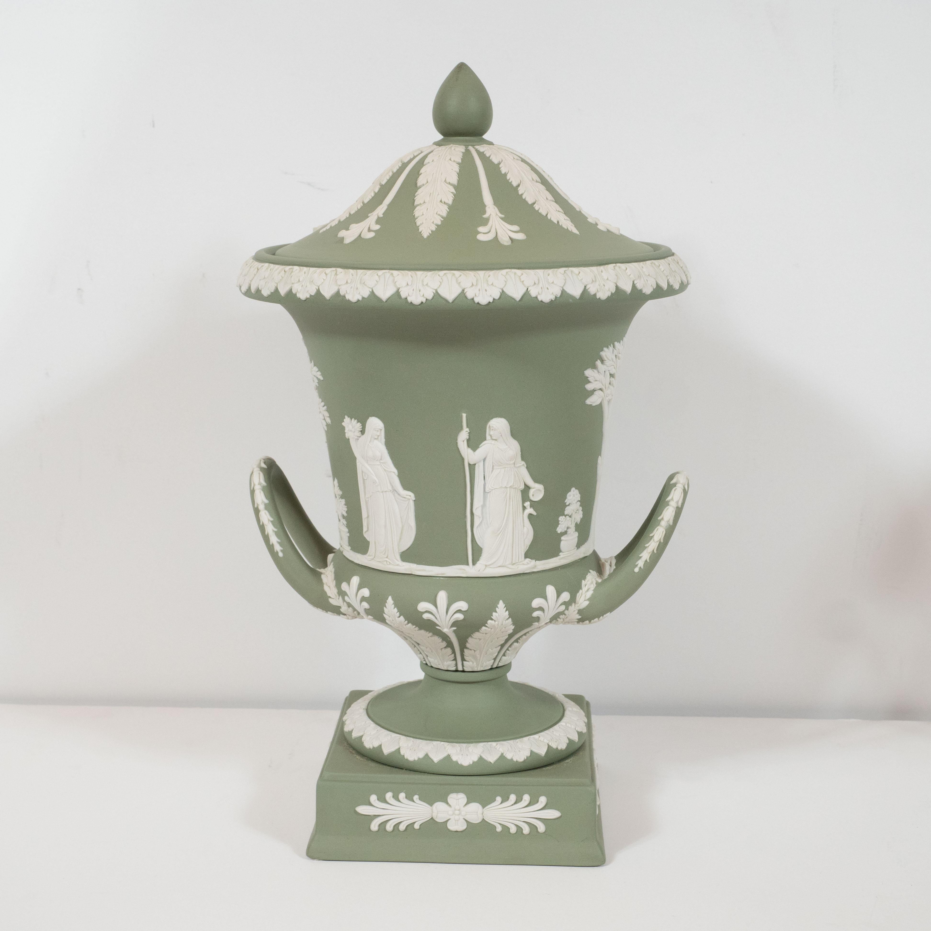 Neoclassical Jasperware Ceramic Covered Urn in Olive and White by Wedgwood In Excellent Condition In New York, NY