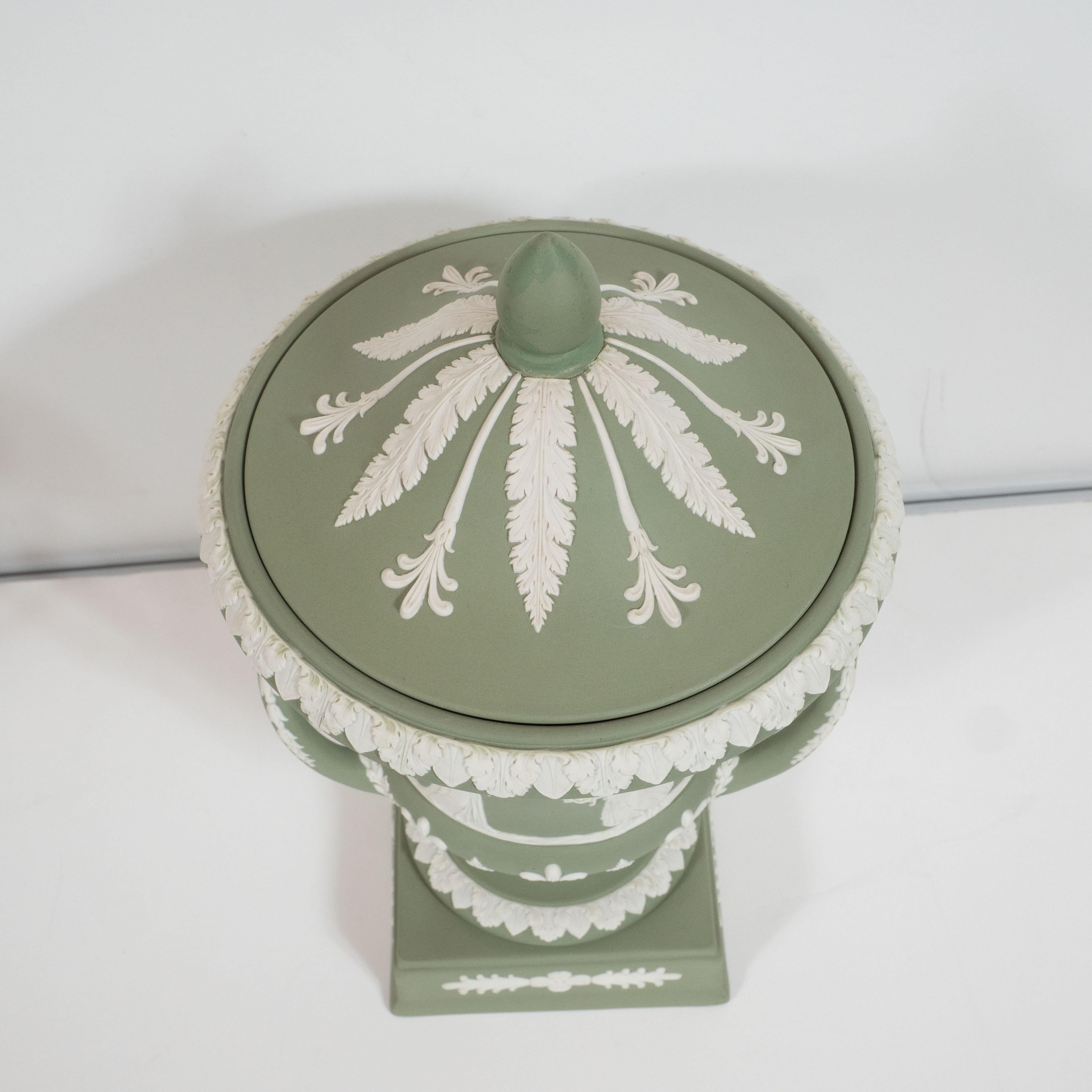 Neoclassical Jasperware Ceramic Covered Urn in Olive and White by Wedgwood 1