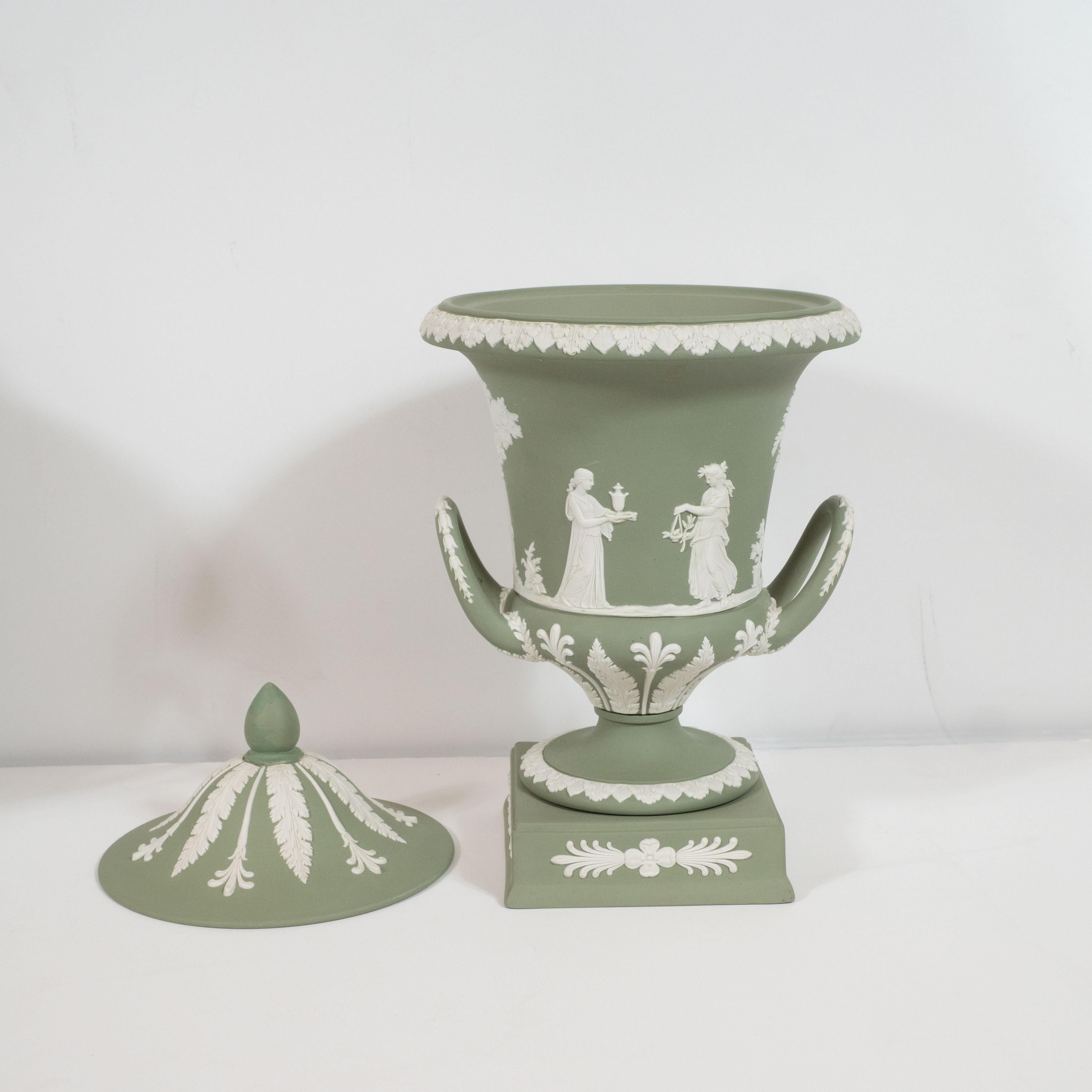 Neoclassical Jasperware Ceramic Covered Urn in Olive and White by Wedgwood 3