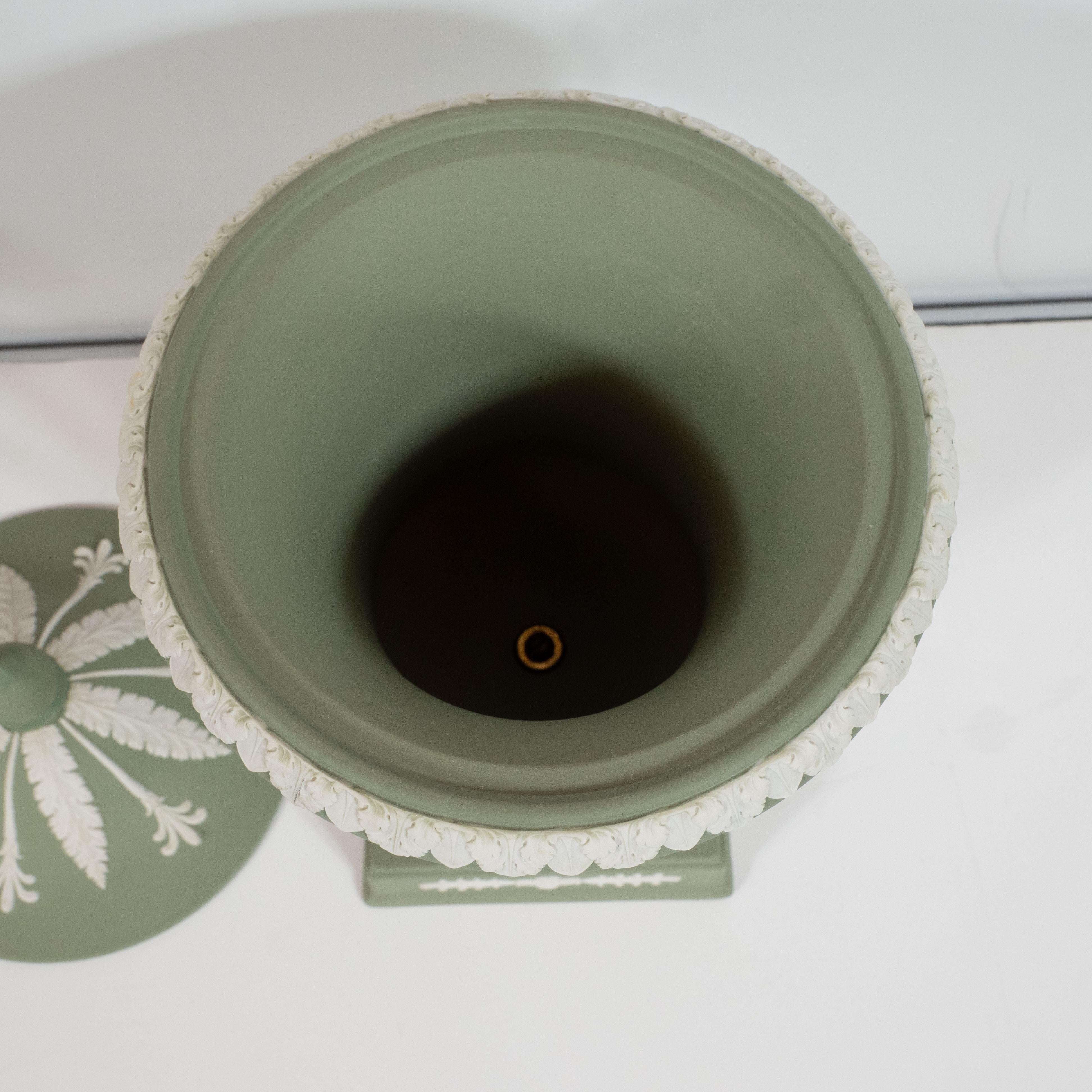 Neoclassical Jasperware Ceramic Covered Urn in Olive and White by Wedgwood 4