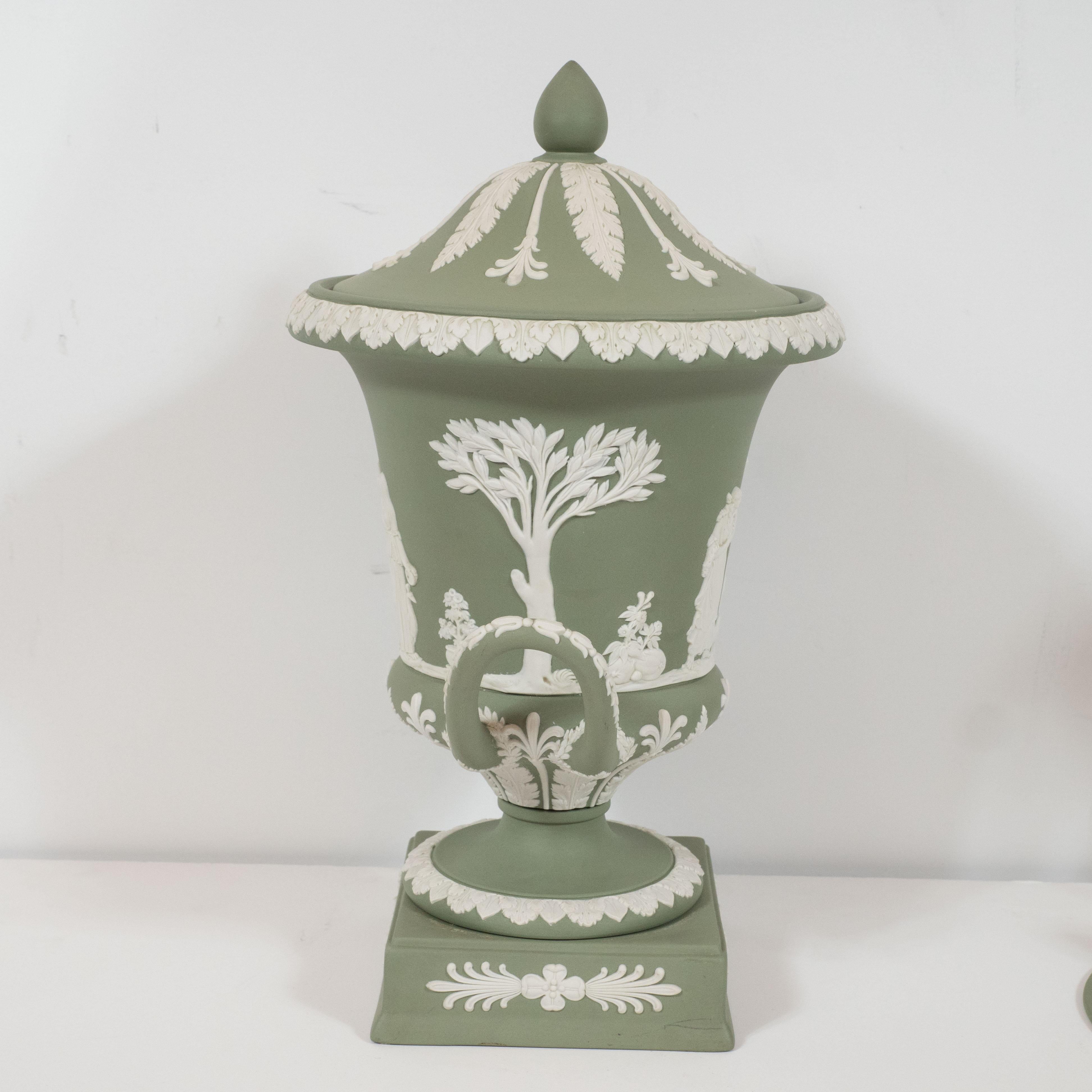 Neoclassical Jasperware Ceramic Covered Urn in Olive and White by Wedgwood 5