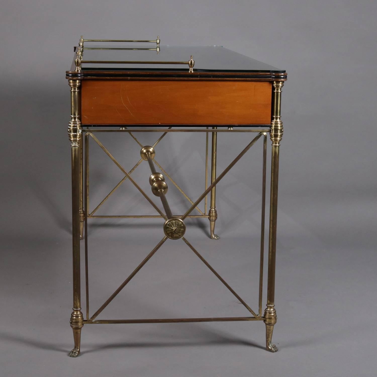 Hollywood Regency Neoclassical Kittinger Satinwood, Brass and Glass Writing Desk, 20th Century
