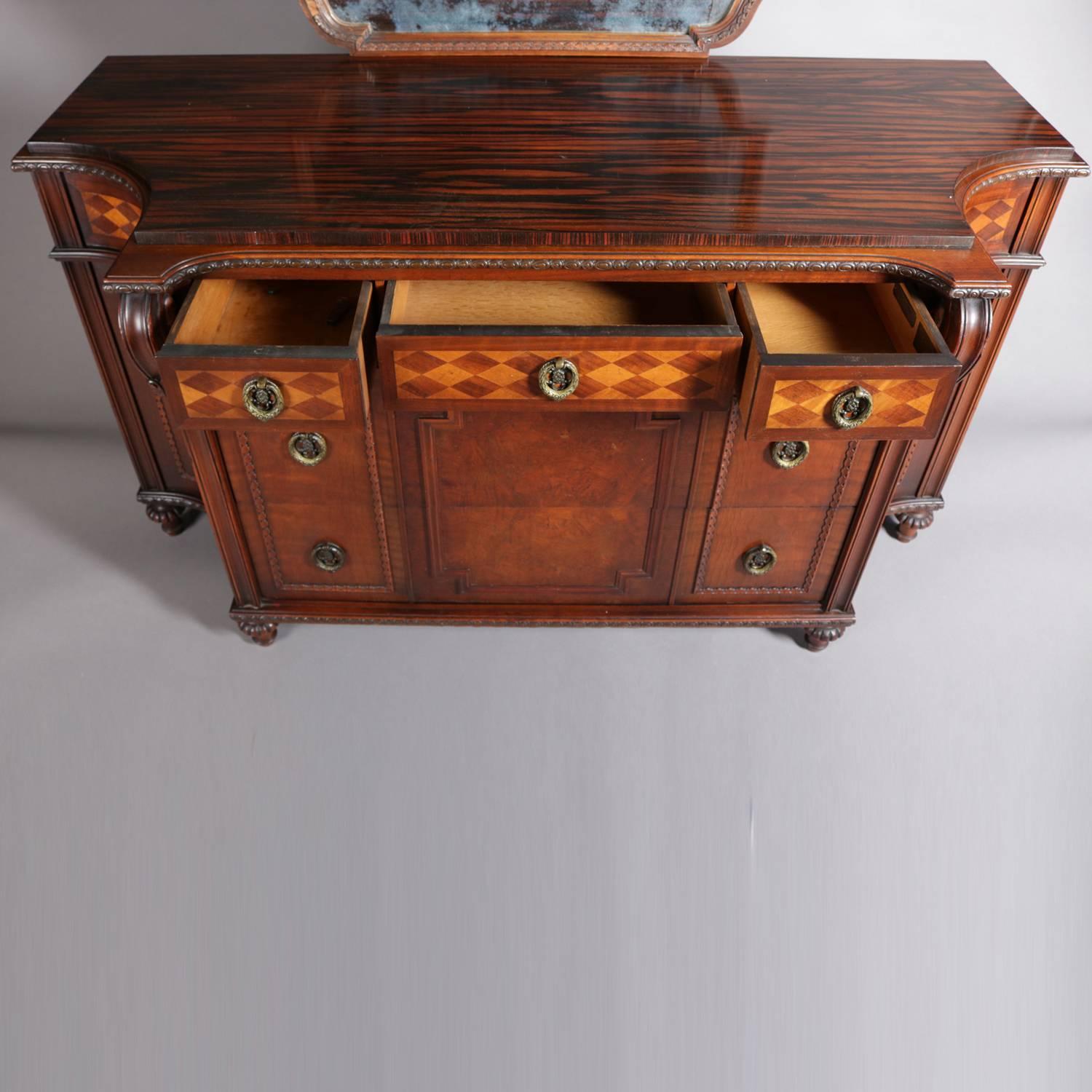 Neoclassical Kittinger School Inlaid Flame Mahogany Dresser and Mirror Set In Good Condition In Big Flats, NY