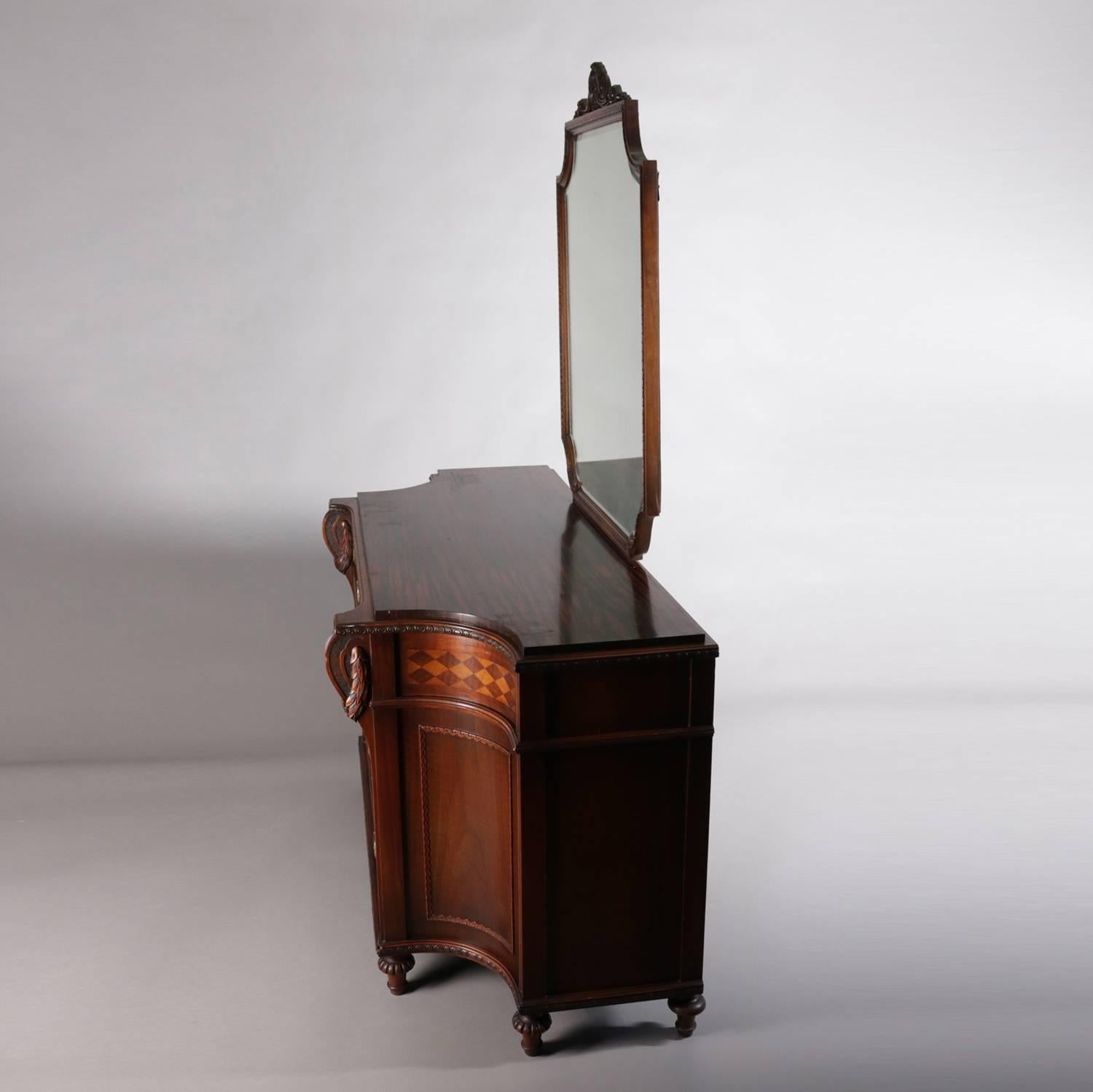 Neoclassical Kittinger School Inlaid Flame Mahogany Dresser and Mirror Set 2