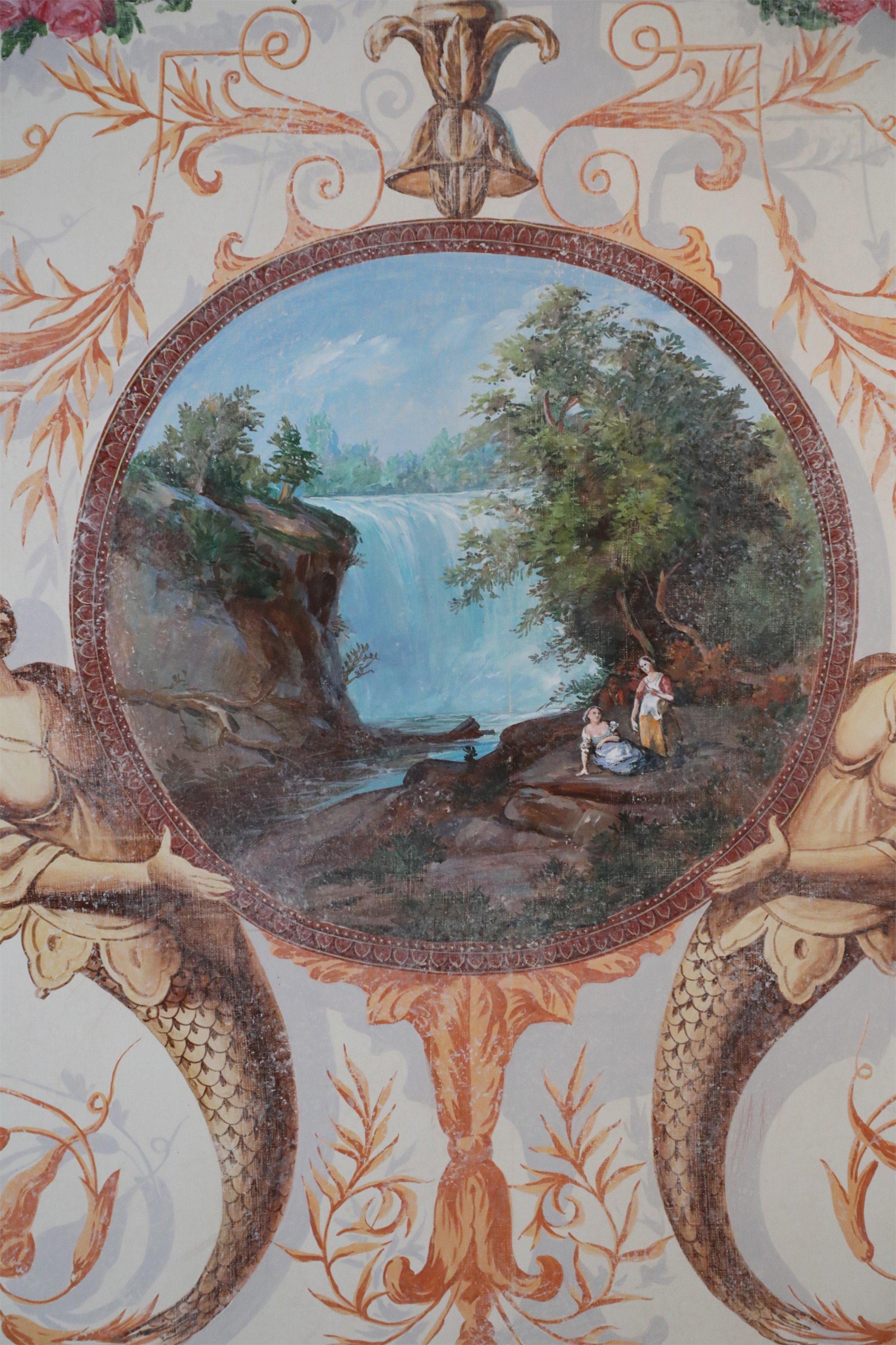 Néoclassique Peinture de paysage néoclassique avec ornementation florale et sirène en vente