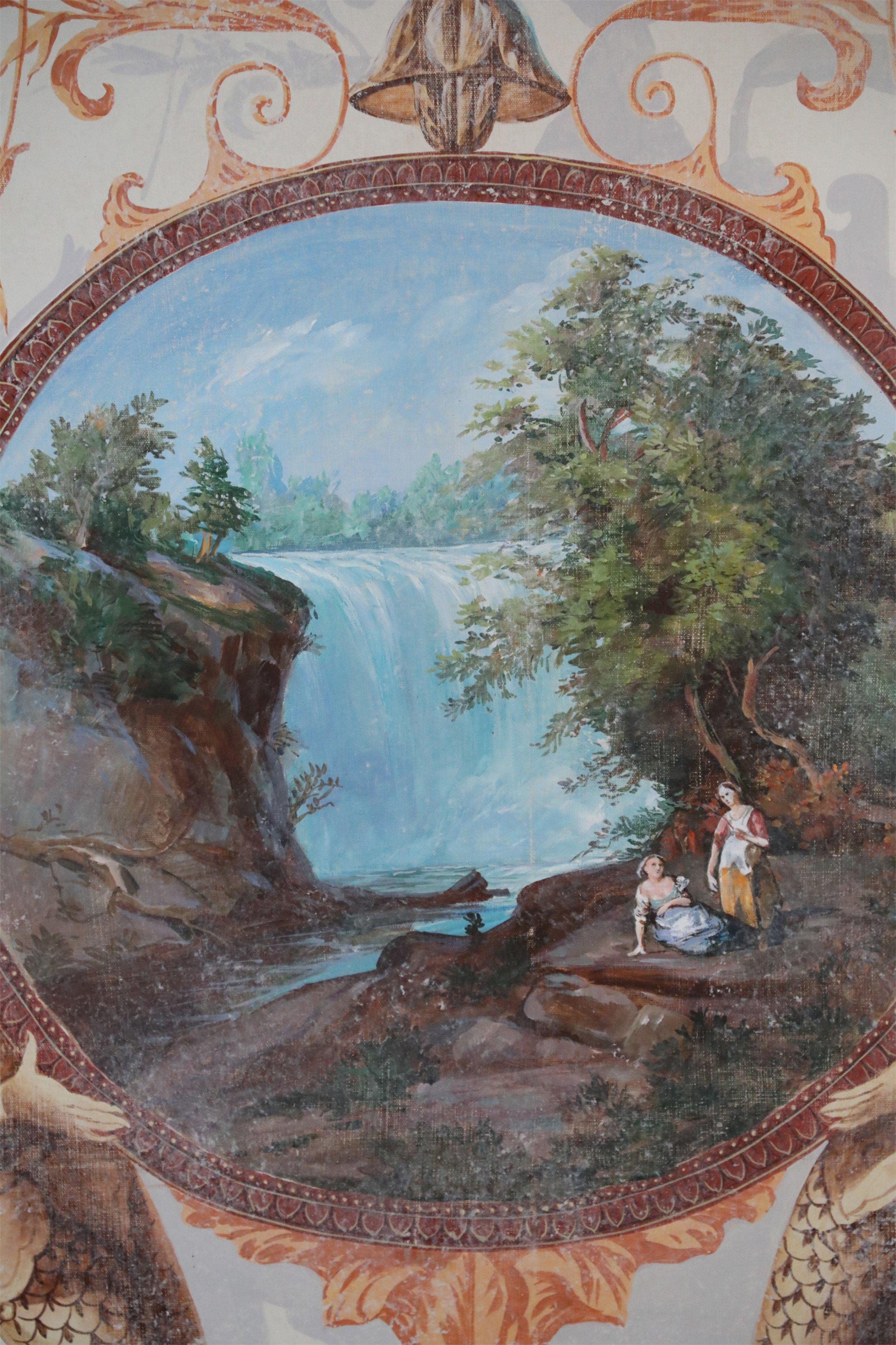 Oiled Neoclassical Landscape Painting with Floral and Mermaid Ornamentation For Sale