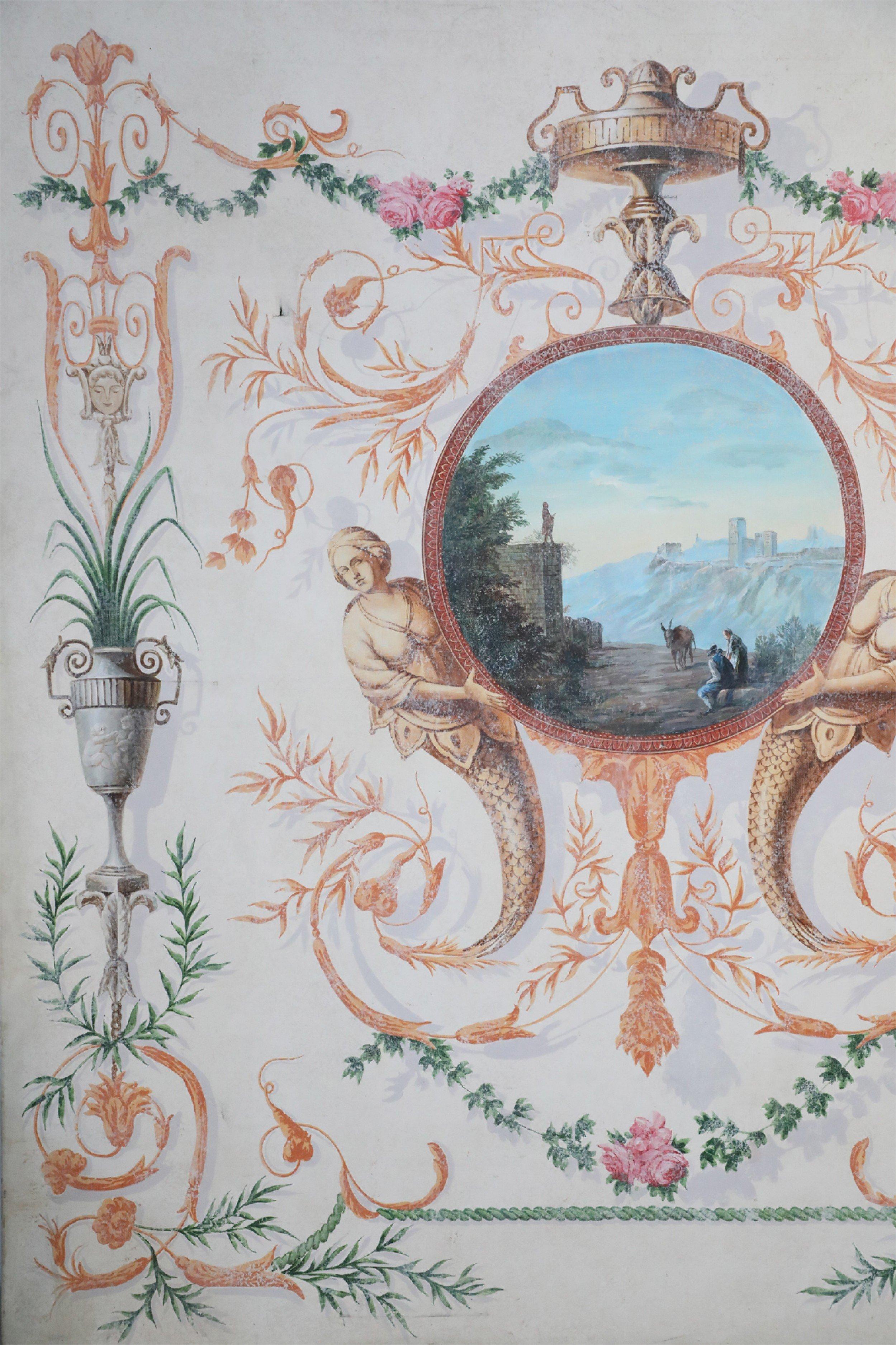 Néoclassique Peinture de paysage néoclassique avec sirène et ornementation florale en vente