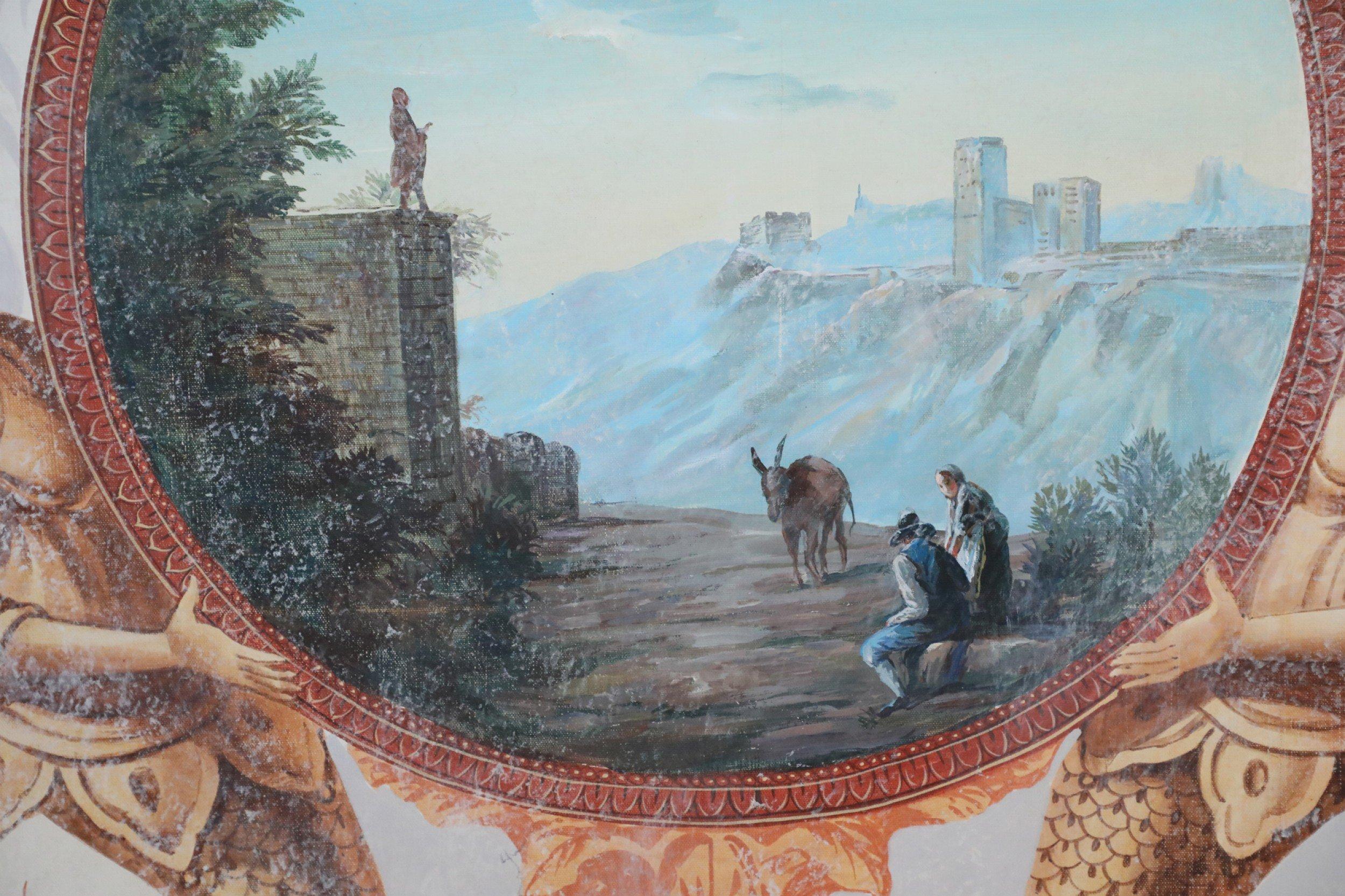 Oiled Neoclassical Landscape Painting with Mermaid and Floral Ornamentation For Sale