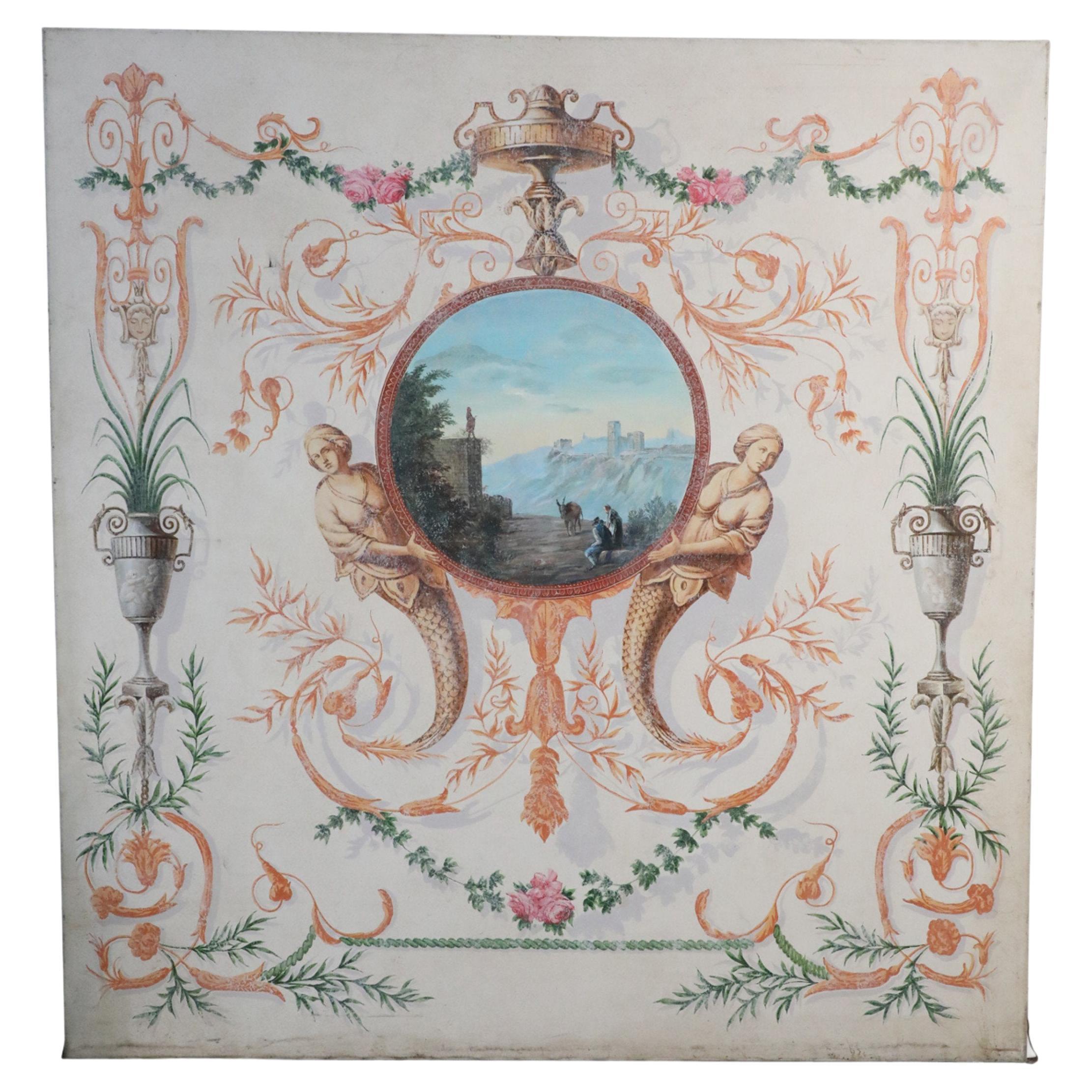 Neoclassical Landscape Painting with Mermaid and Floral Ornamentation For Sale