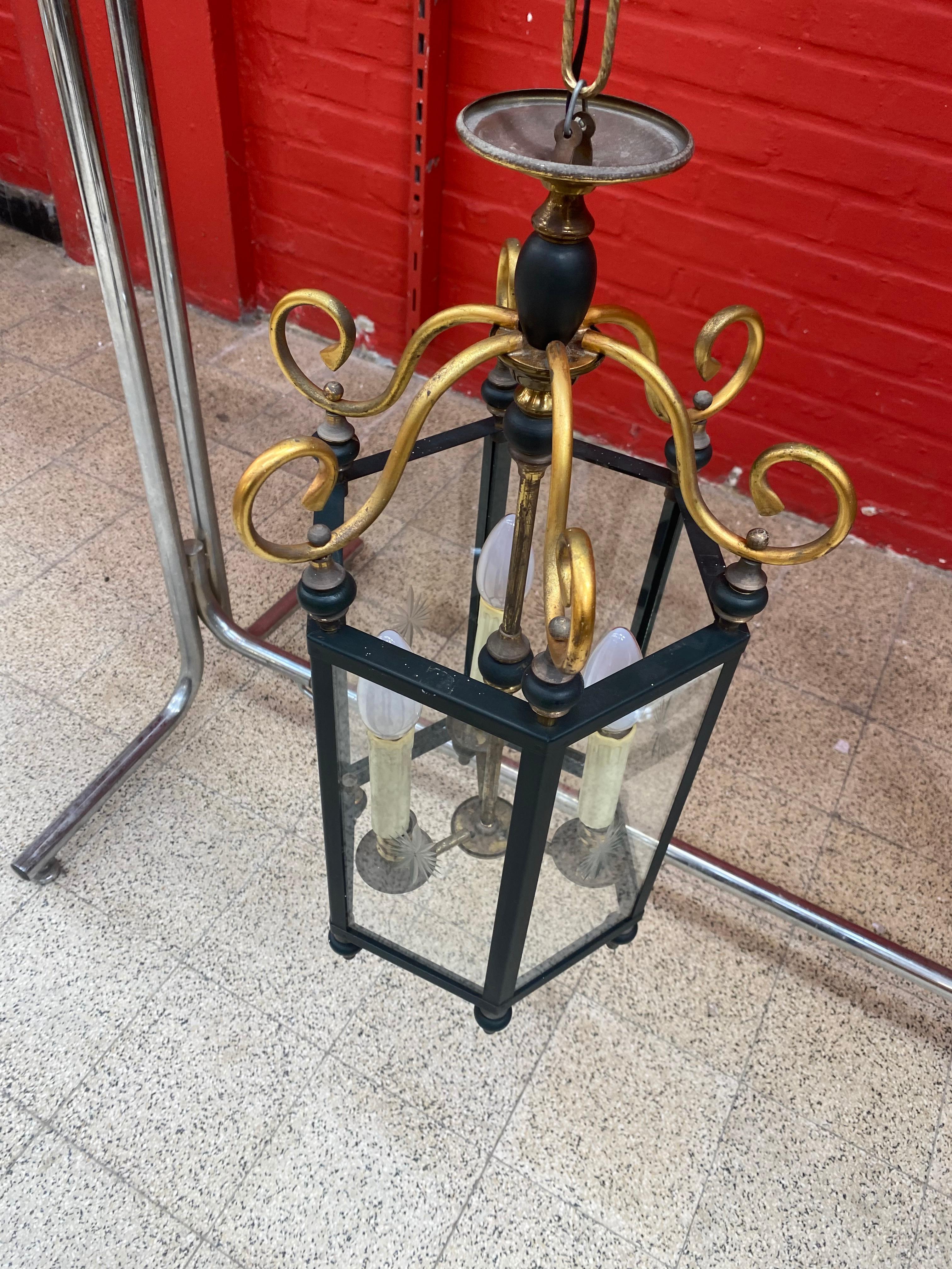 French Neoclassical Lantern in Lacquered and Gilded Metal, circa 1950 For Sale