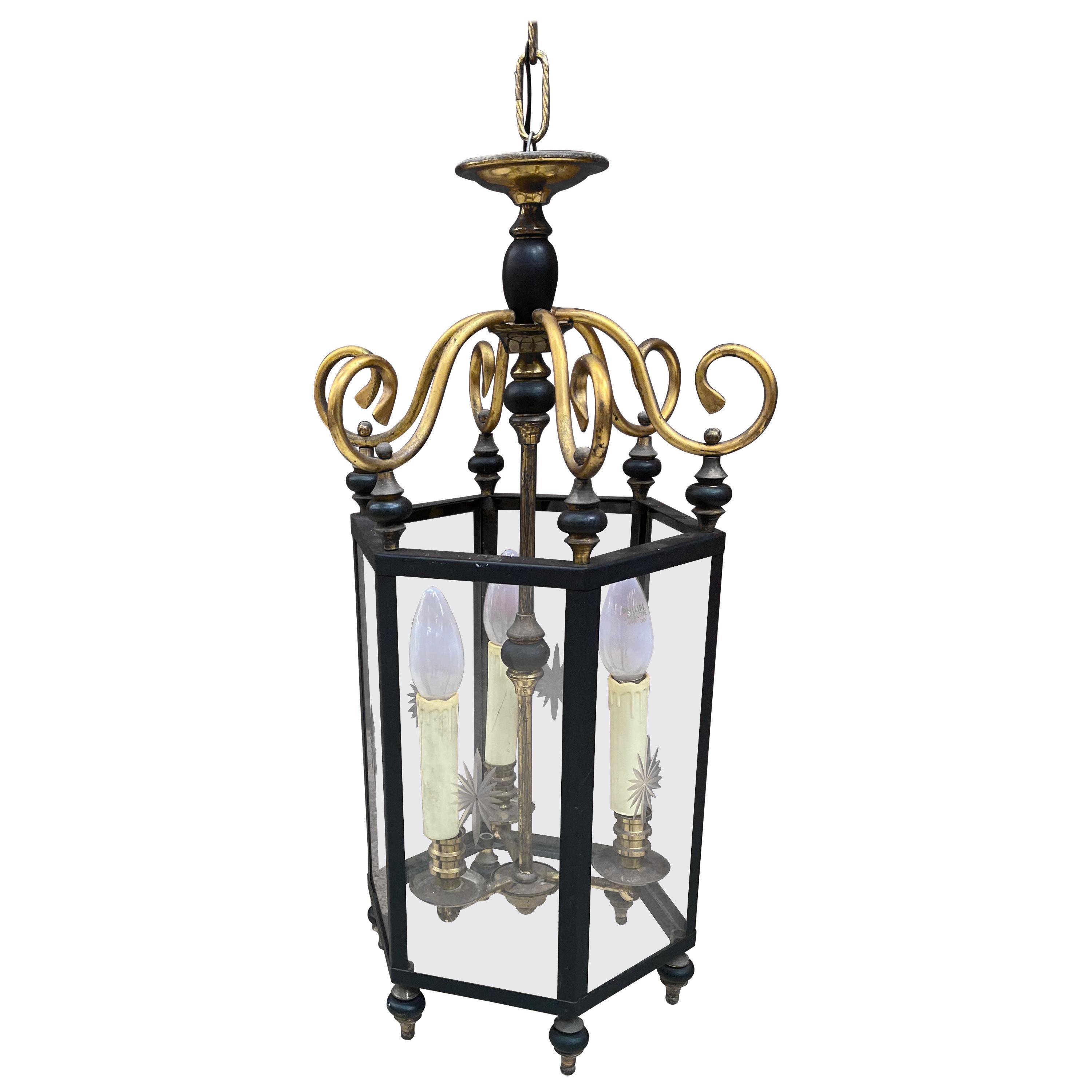 Neoclassical Lantern in Lacquered and Gilded Metal, circa 1950