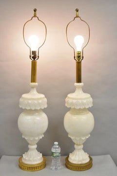 Neoclassical Large Carved Solid Alabaster Marble Leaf Bulbous Table Lamps Pair
