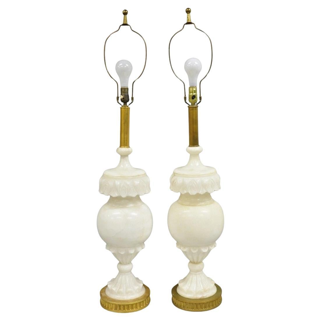 Neoclassical Large Carved Solid Alabaster Marble Leaf Bulbous Table Lamps Pair