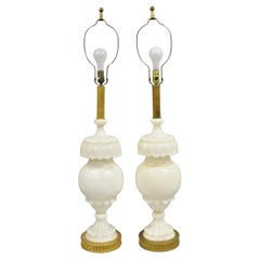 Antique Neoclassical Large Carved Solid Alabaster Marble Leaf Bulbous Table Lamps Pair