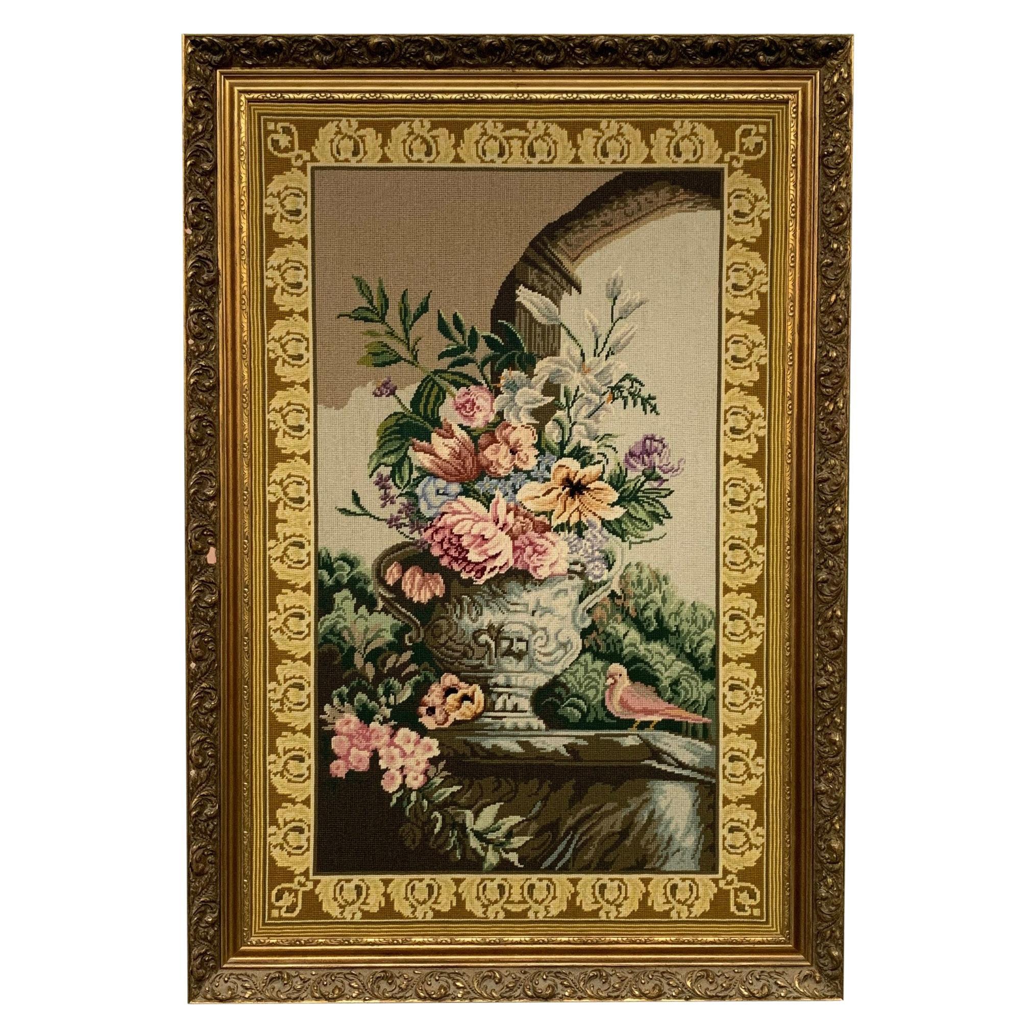 Neoclassical Large Floral Needlepoint Framed Art